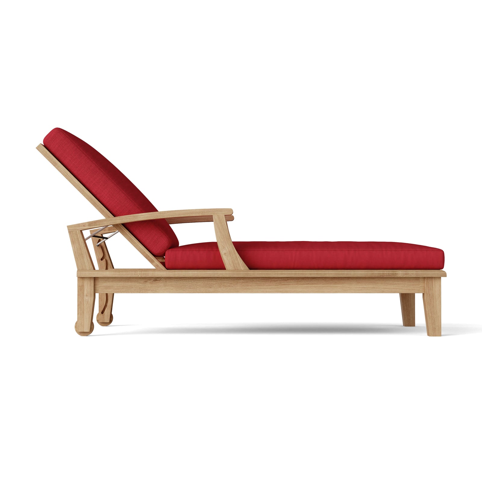 Wooden lounge chair with red cushions on a white background