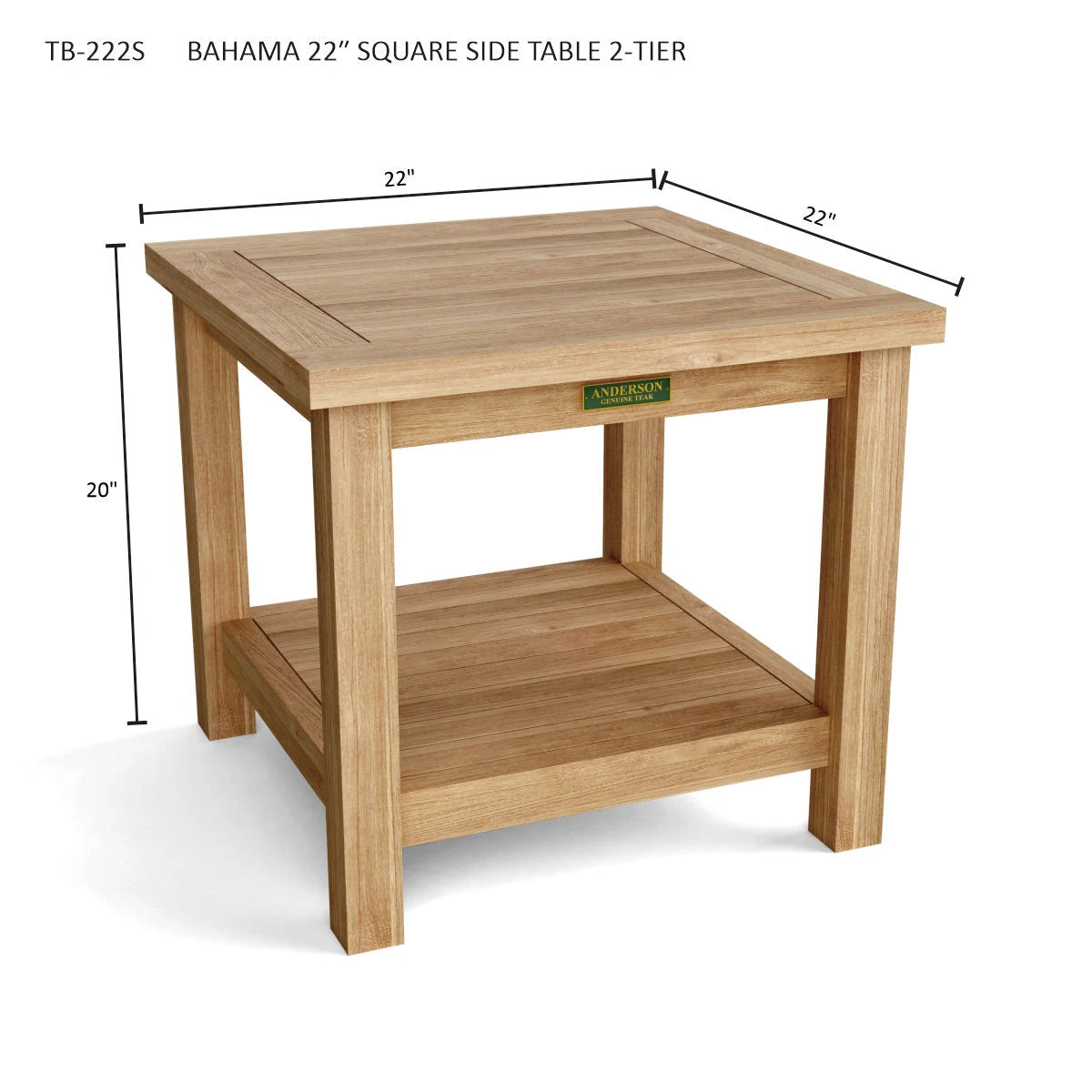 Wooden side table with dimensions labeled on a white background