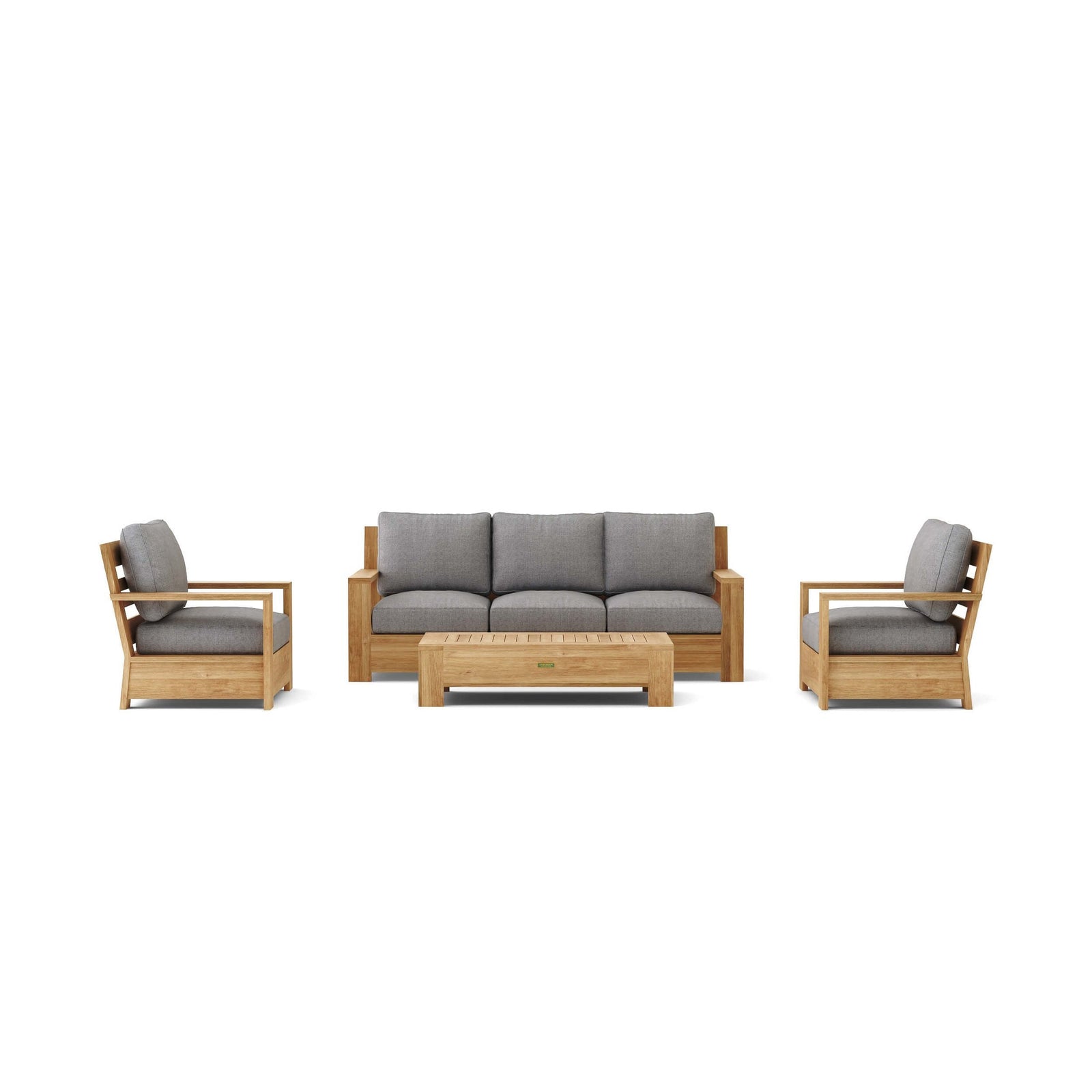 Outdoor furniture set with wooden frames and gray cushions on a white background