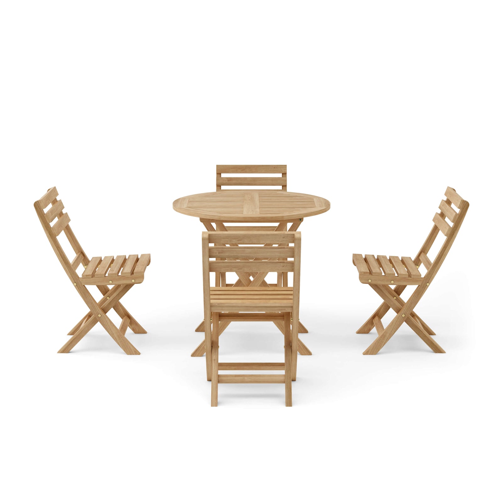 Wooden outdoor furniture set with a table and two chairs on a white background