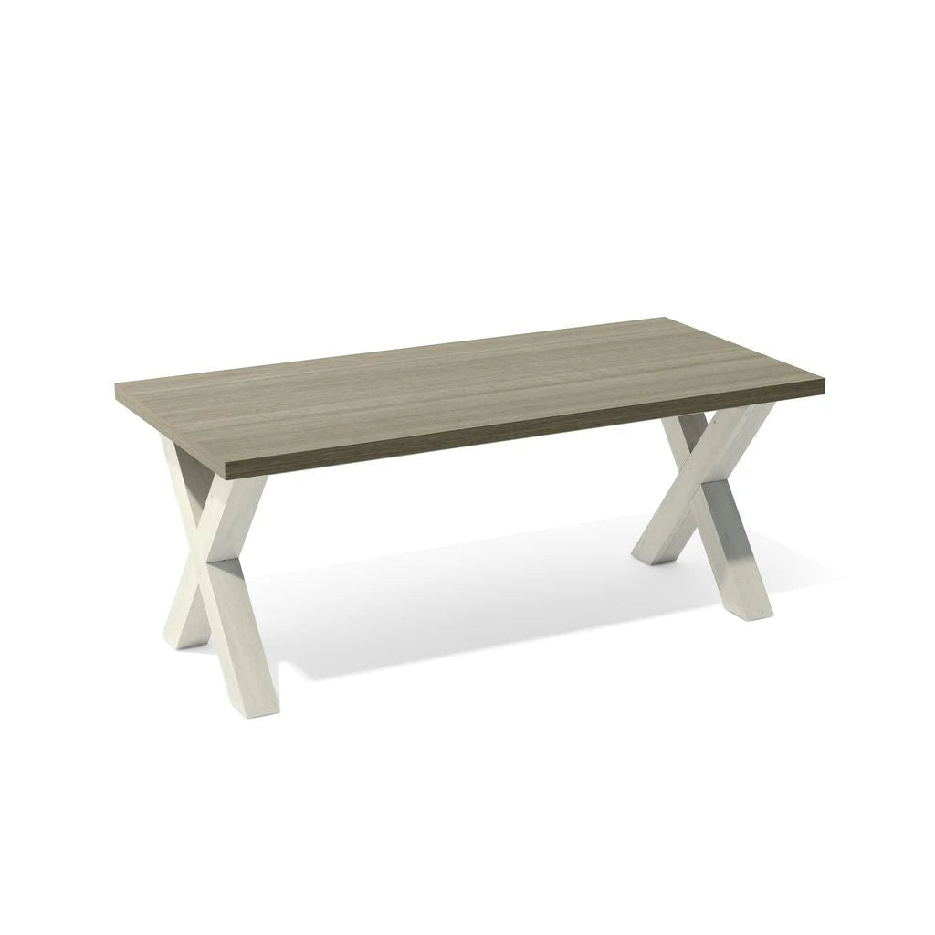 Rectangular table with wooden top and metal legs on a white background