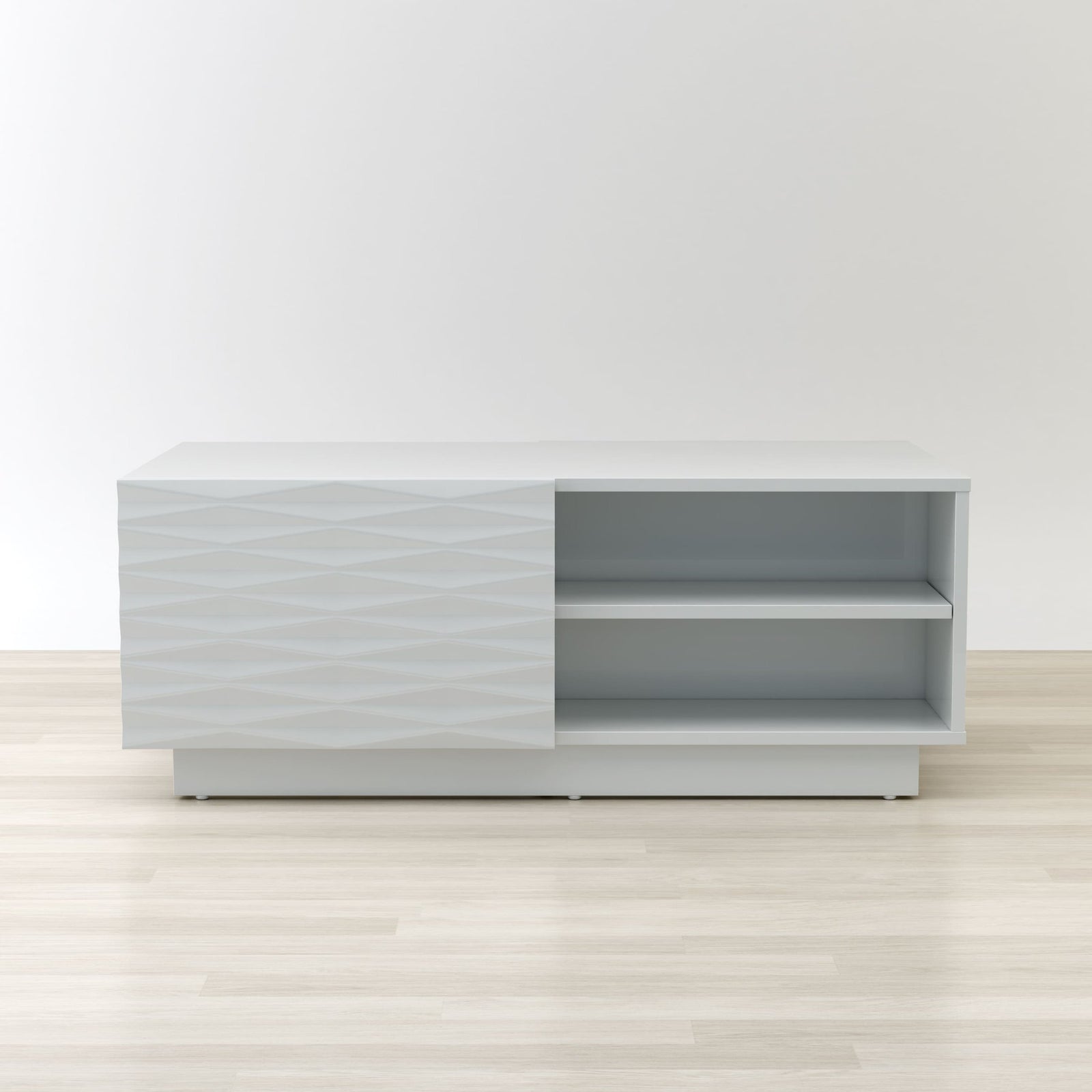 Modern white entertainment console against a plain wall