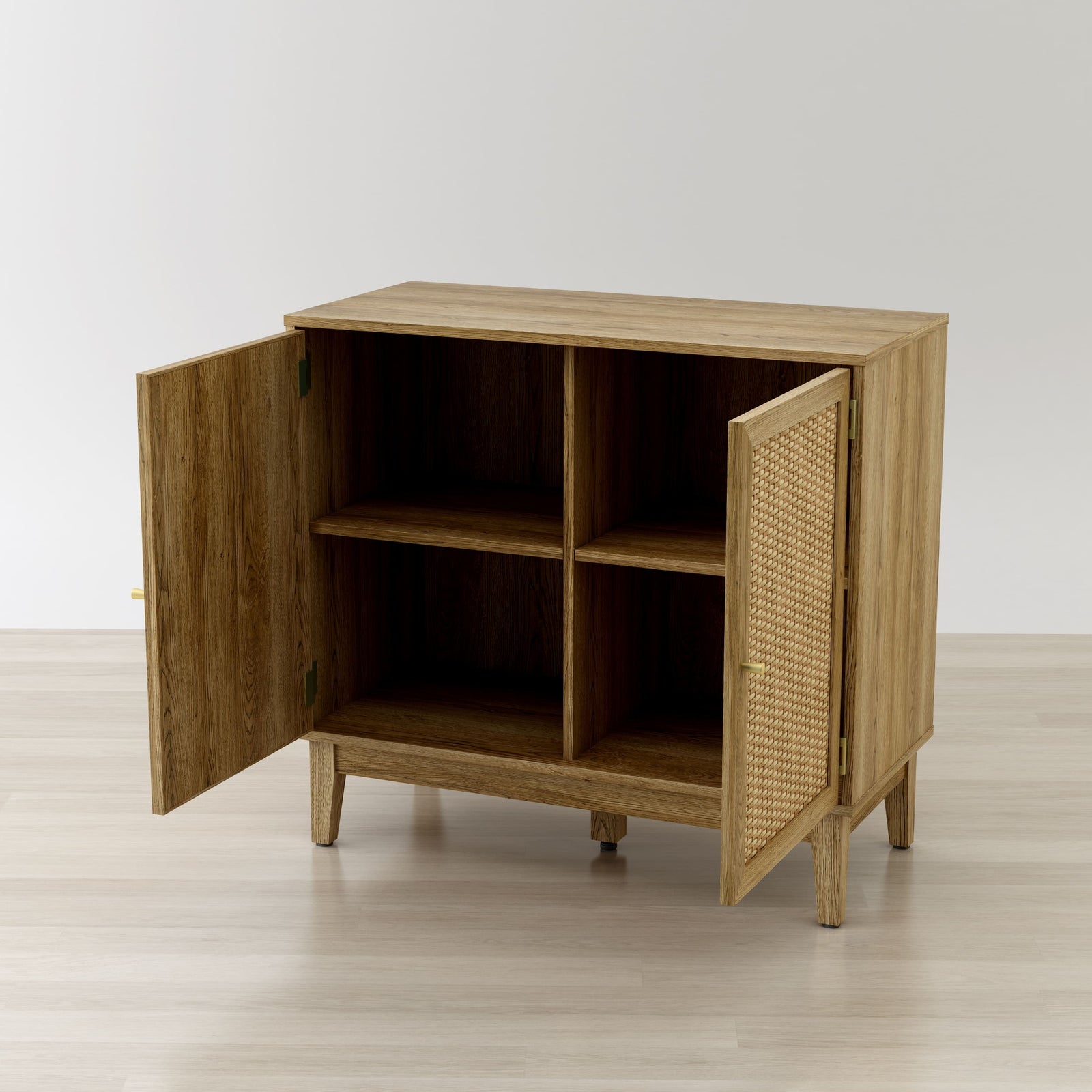 Wooden cabinet with wicker door on a white background