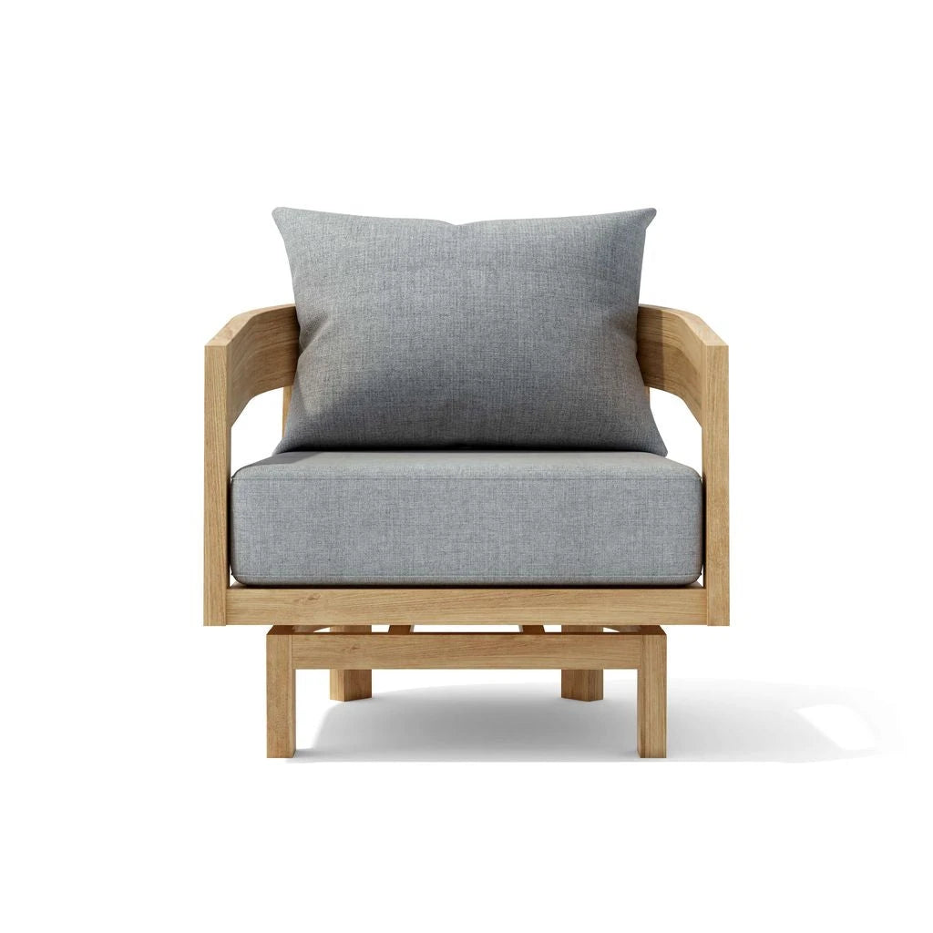 Chair with gray cushion and wooden frame on a white background