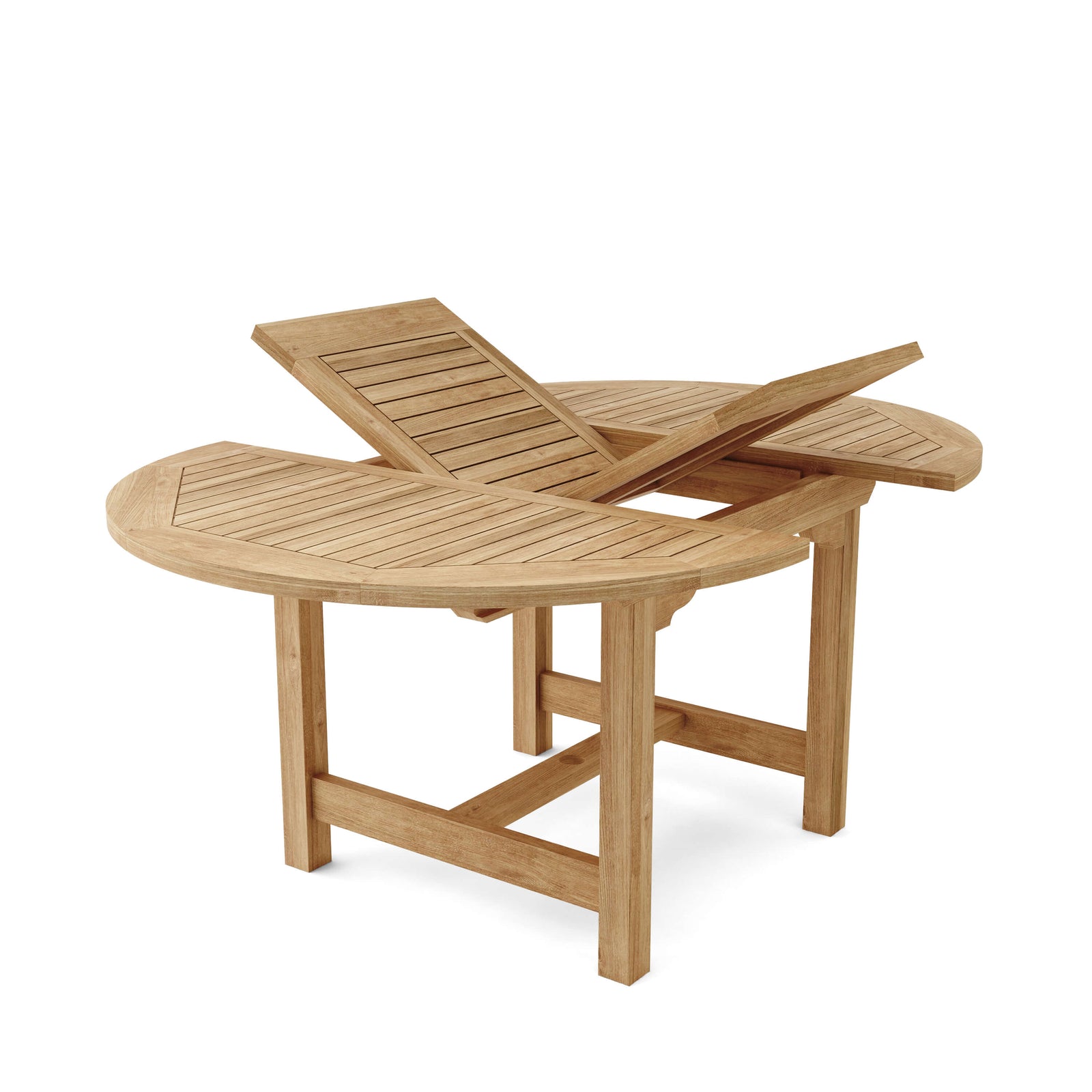 Wooden outdoor table with two folding chairs on a white background
