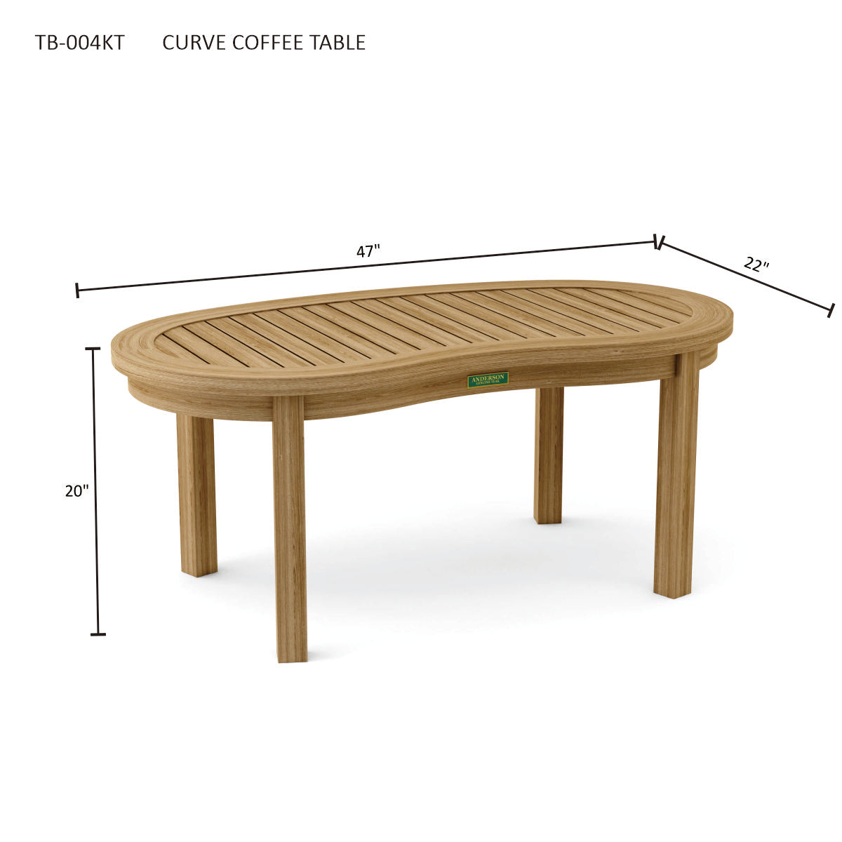 Wooden curve coffee table with dimensions on a white background