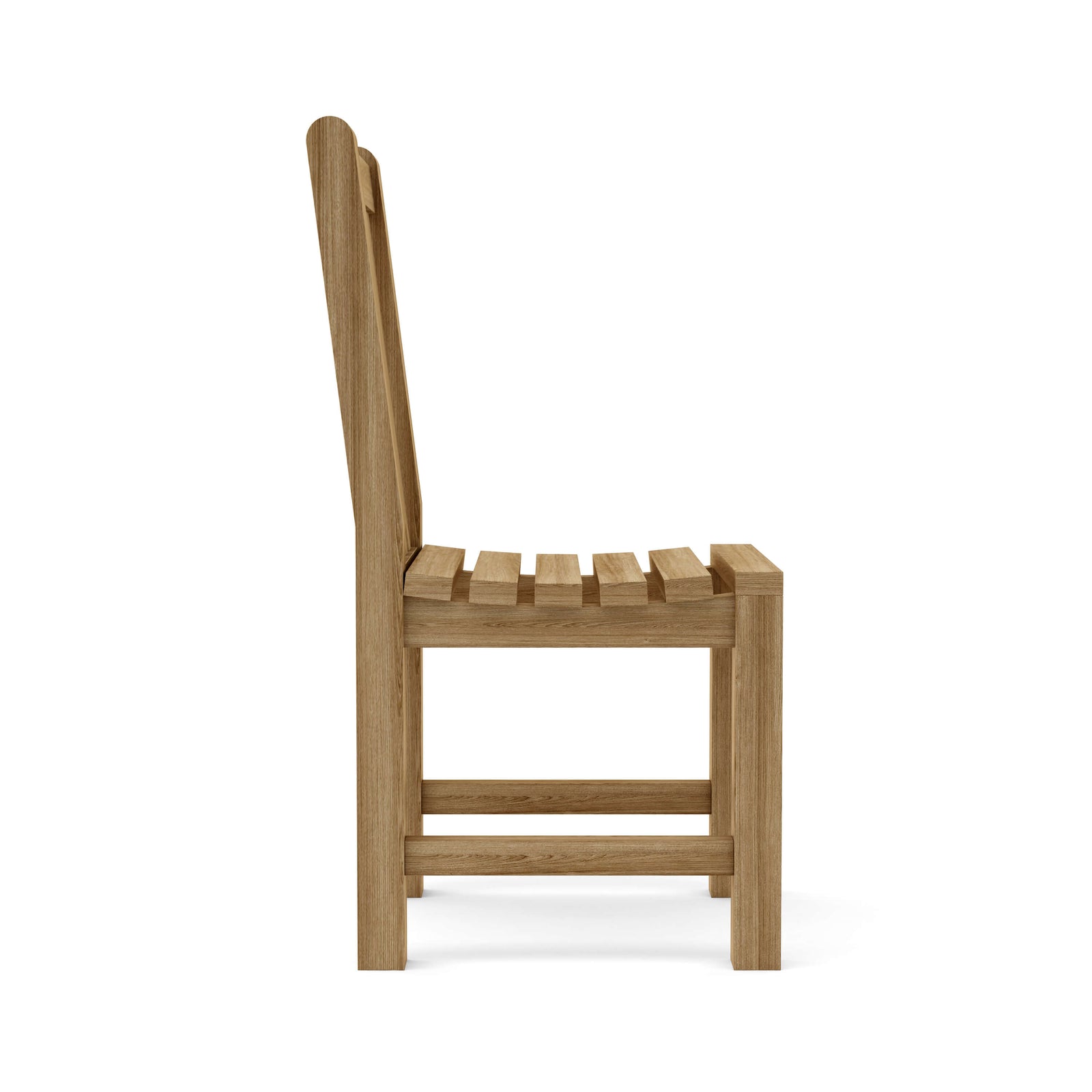 Wooden chair with slatted design on a white background