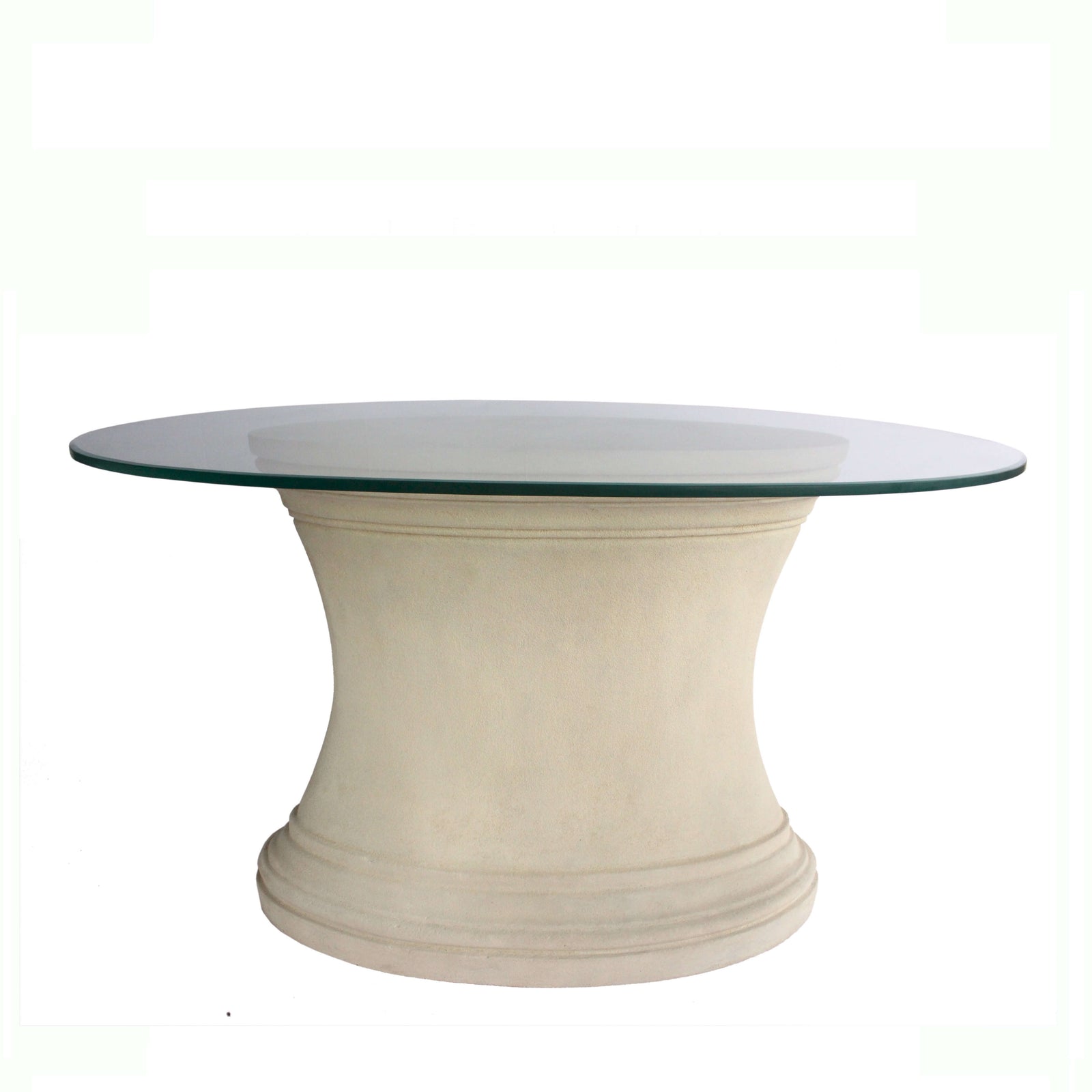 Round glass-top table with a beige base on a white background