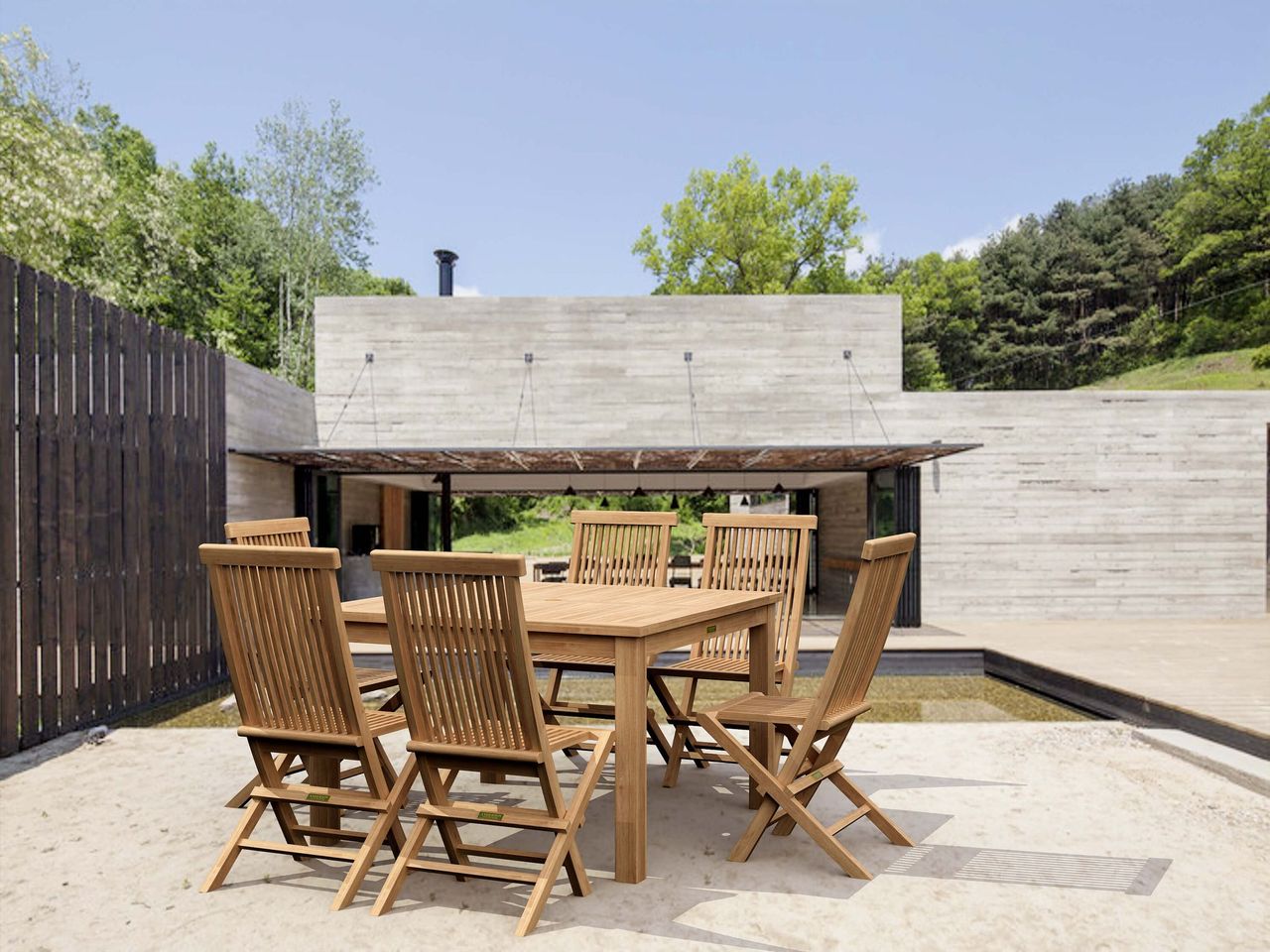 Wooden outdoor dining set with chairs on a patio area.