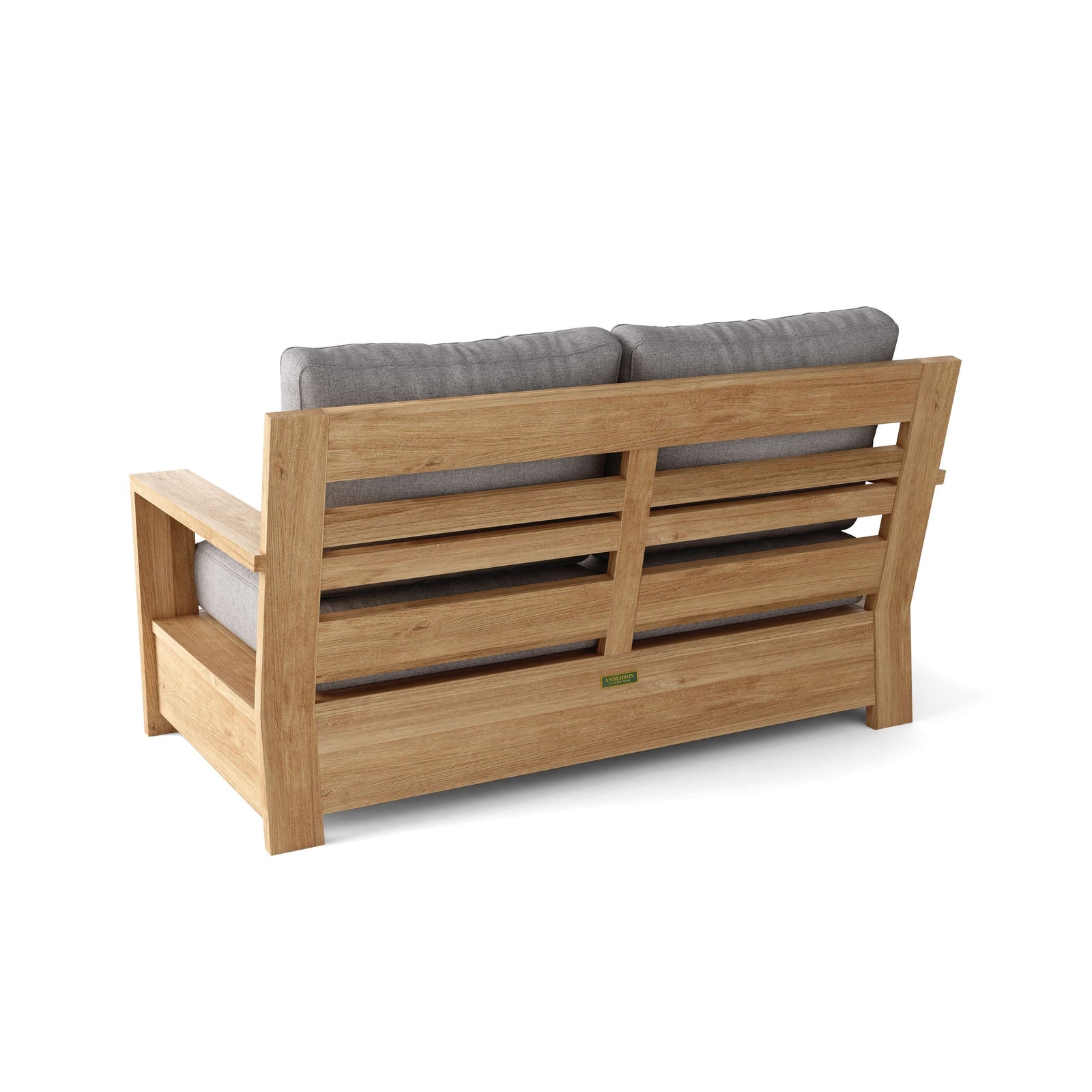 Wooden outdoor sofa with gray cushions on a white background
