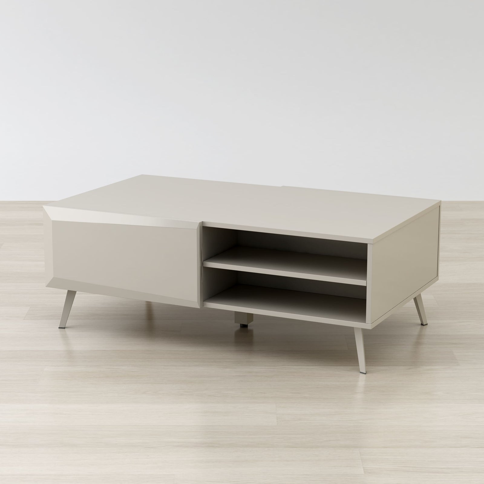 Beige TV stand with a shelf on a white background
