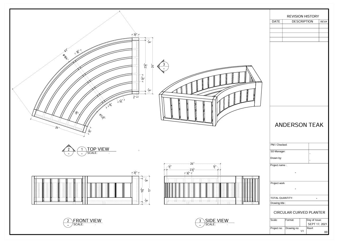 Technical drawing of a circular curved planter with dimensions and views labeled.