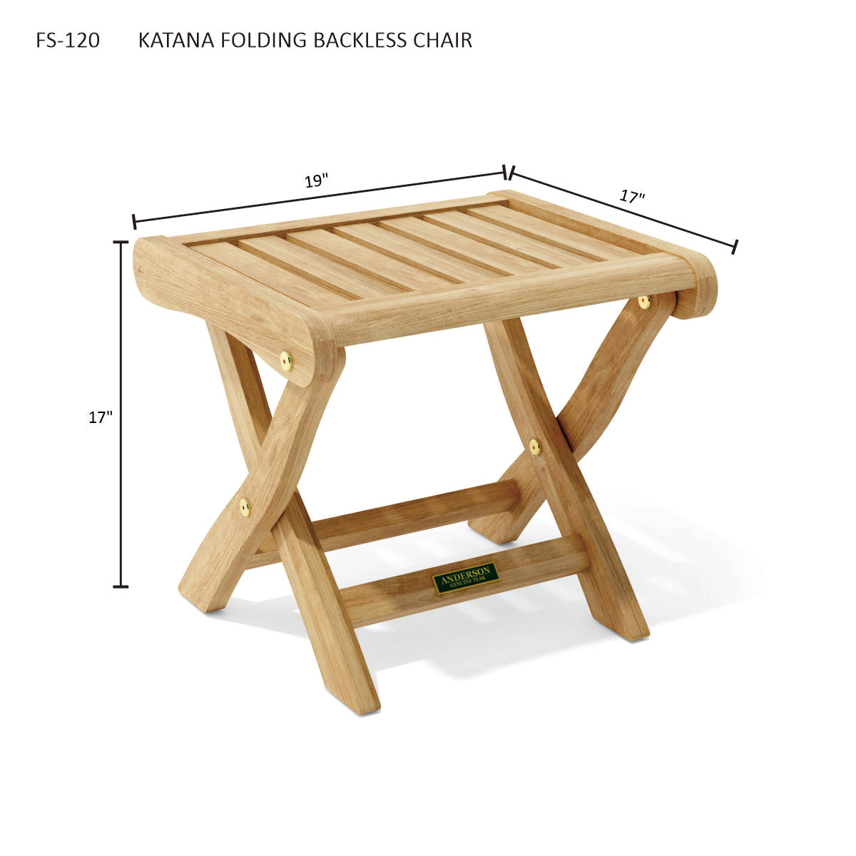 Wooden folding backless chair with dimensions on a white background