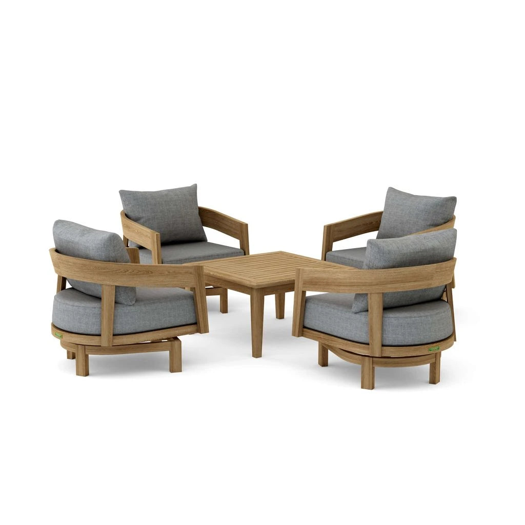 Outdoor furniture set with wooden chairs and table on a white background