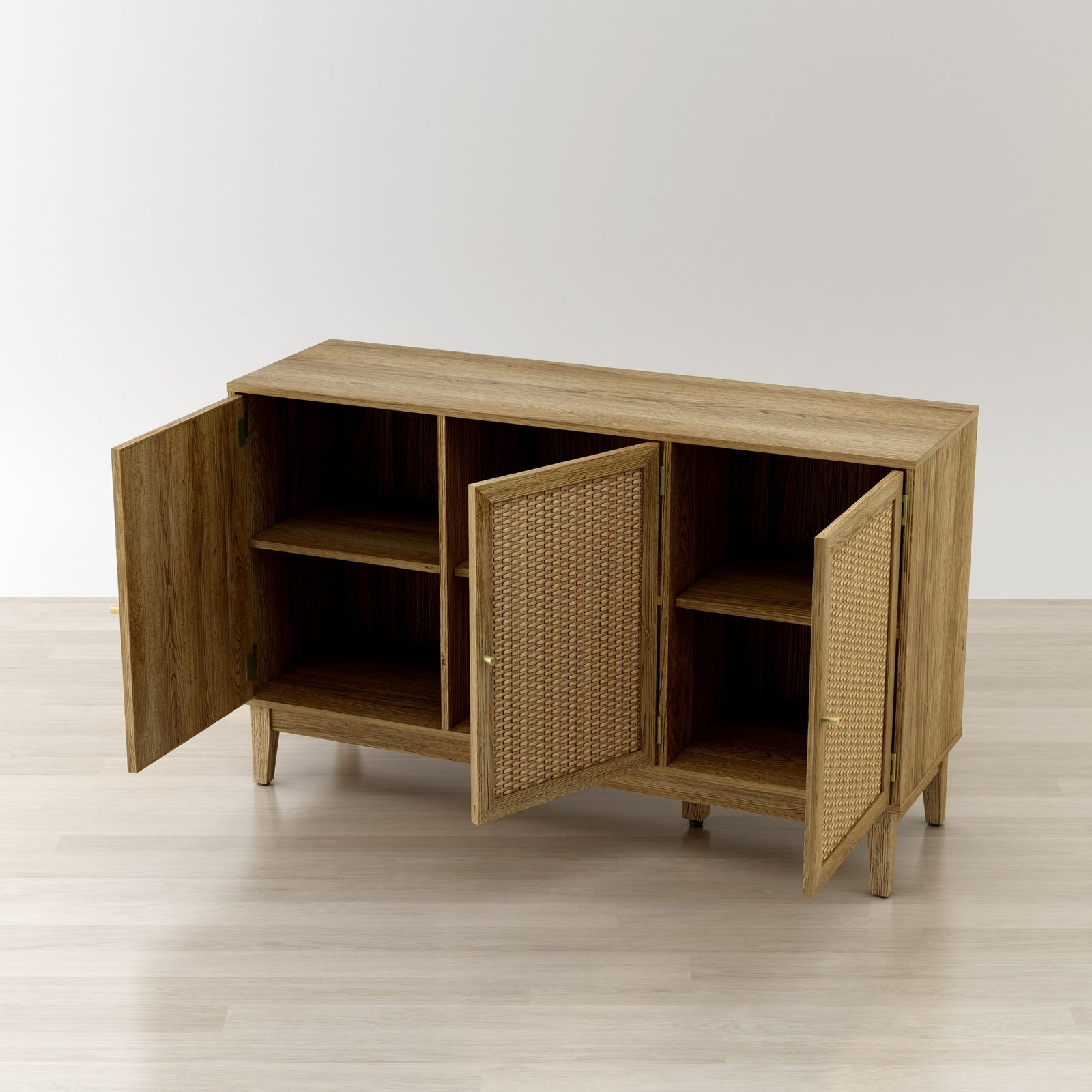 Wooden cabinet with open doors on a white background