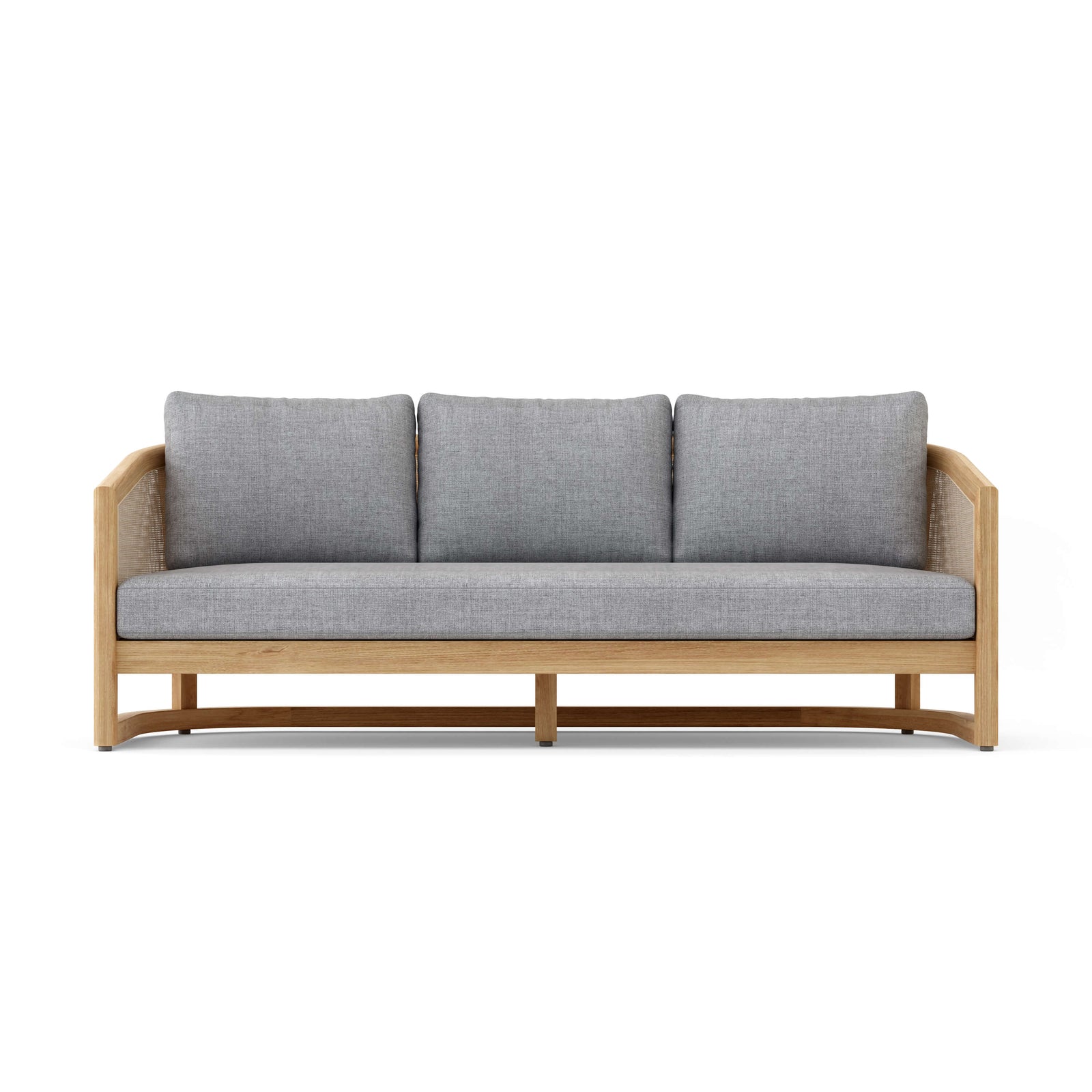 Three-seater sofa with gray cushions and wooden frame on a white background