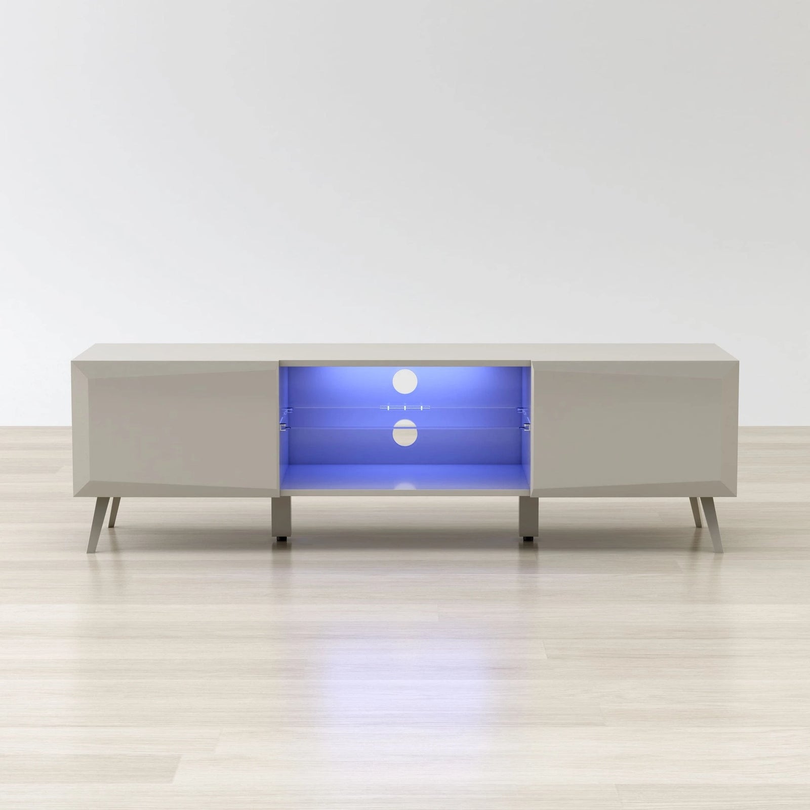 Modern white sideboard with blue light inside on a wooden floor.