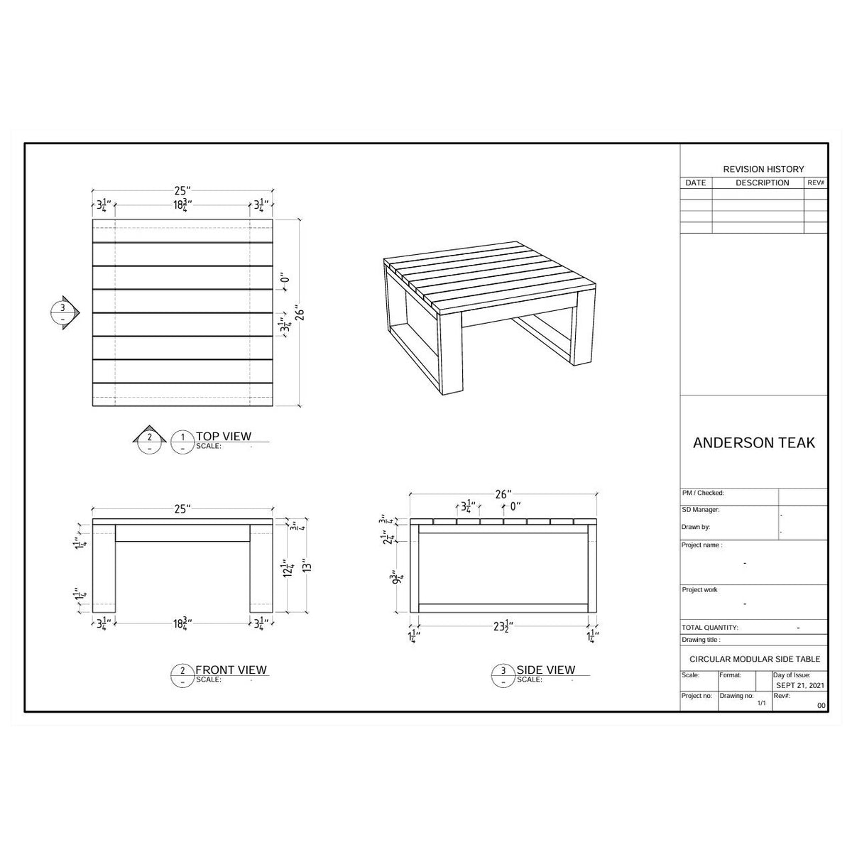 Technical drawing of a circular modular side table with dimensions labeled.