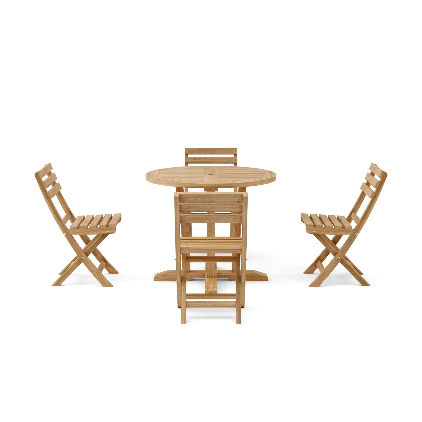 Anderson Teak Descanso Alabama 5-Piece Bistro Set - round teak table with 4 folding chairs