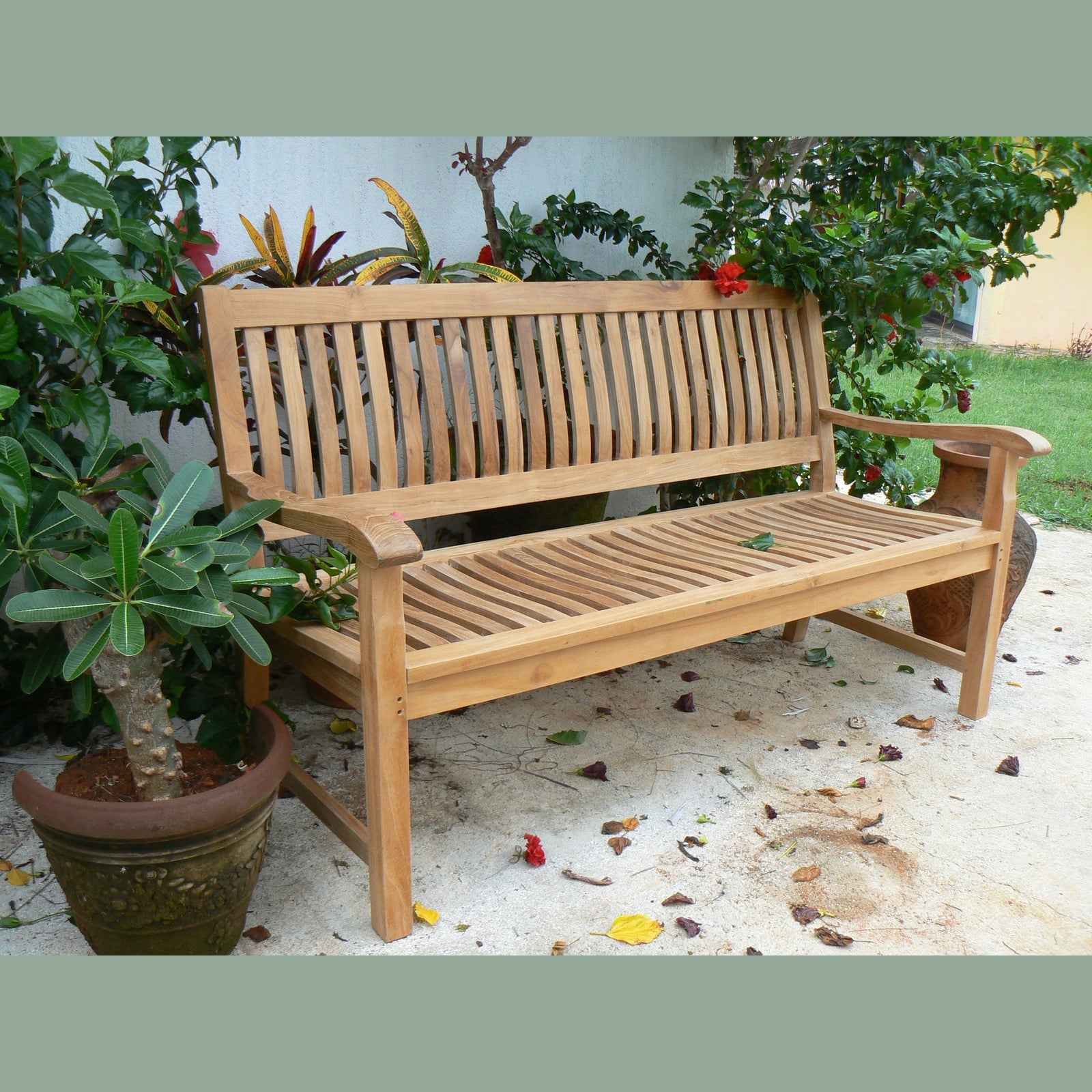 Wooden bench in a garden setting with plants and a light surface.
