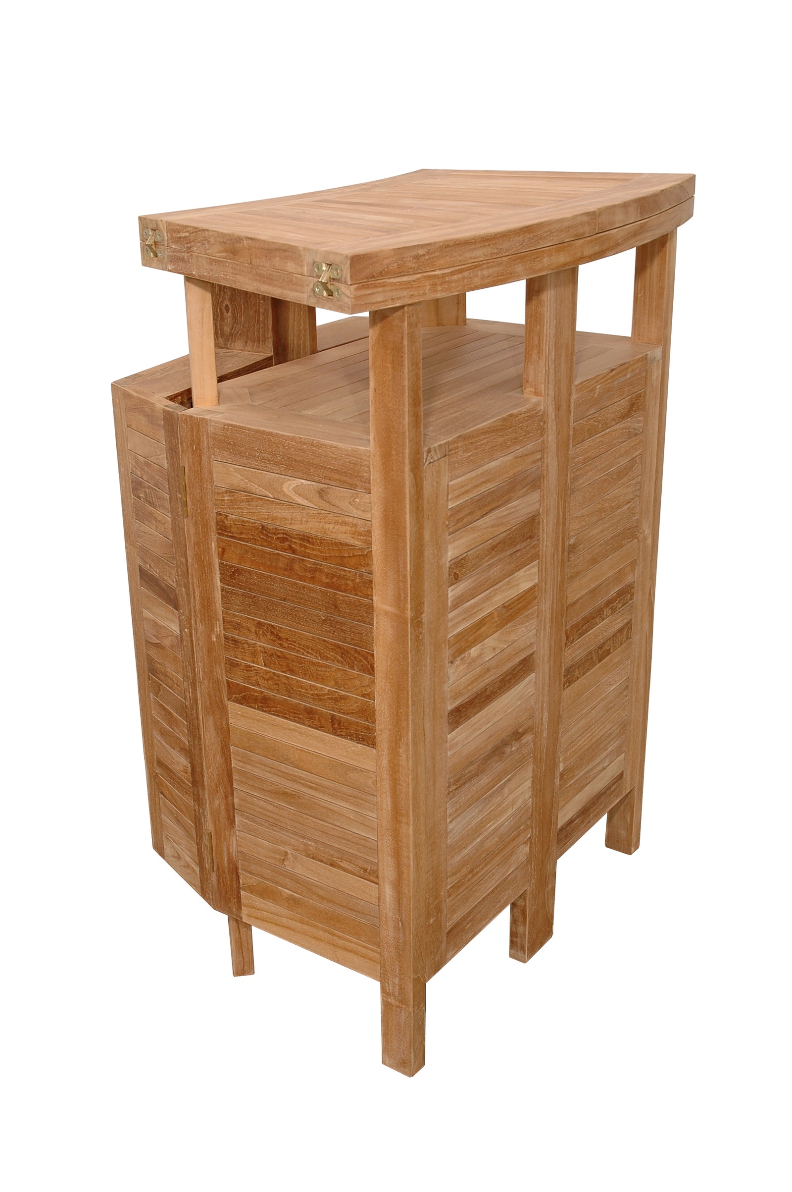 Wooden outdoor side table with a white background