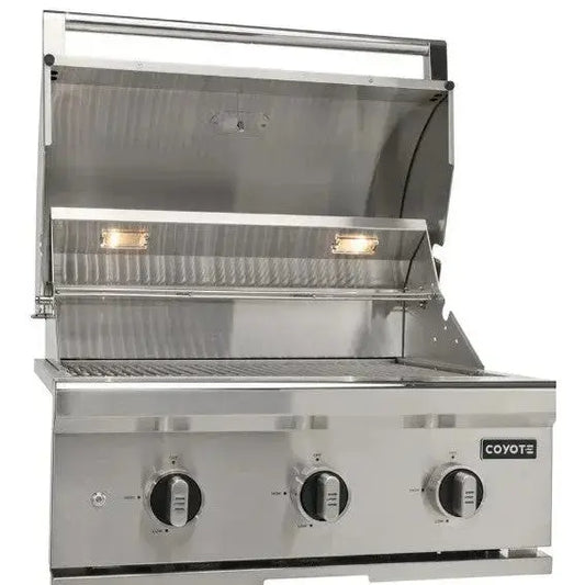 Coyote C-Series 30 Inch Built-In Grill C3C30 - angled front view with lid closed outdoor kitchen