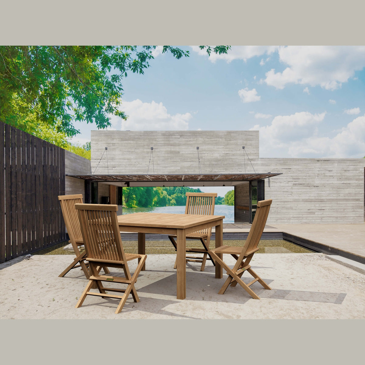 Wooden outdoor dining set with chairs on a patio area.