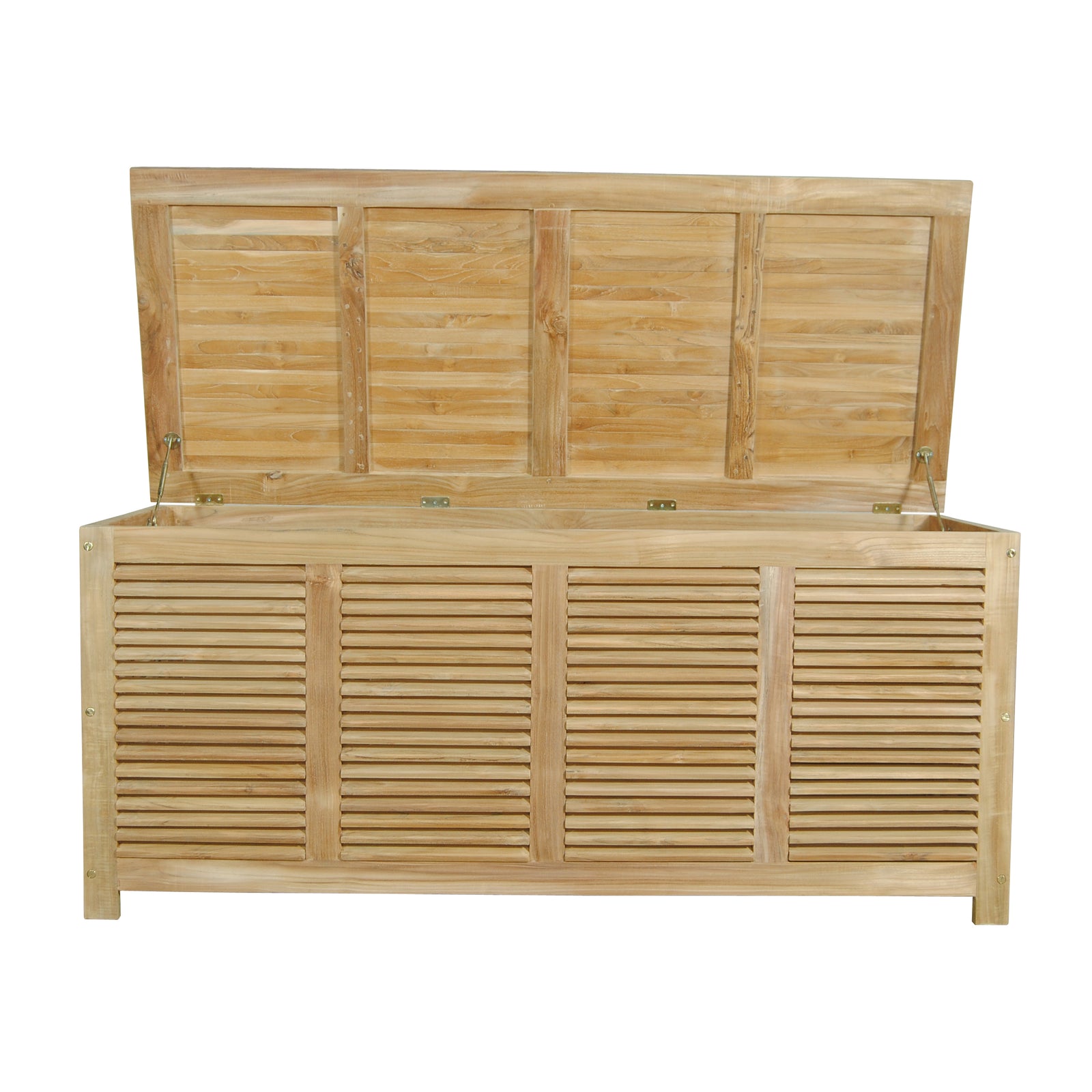 Wooden storage bench with slatted design on a white background