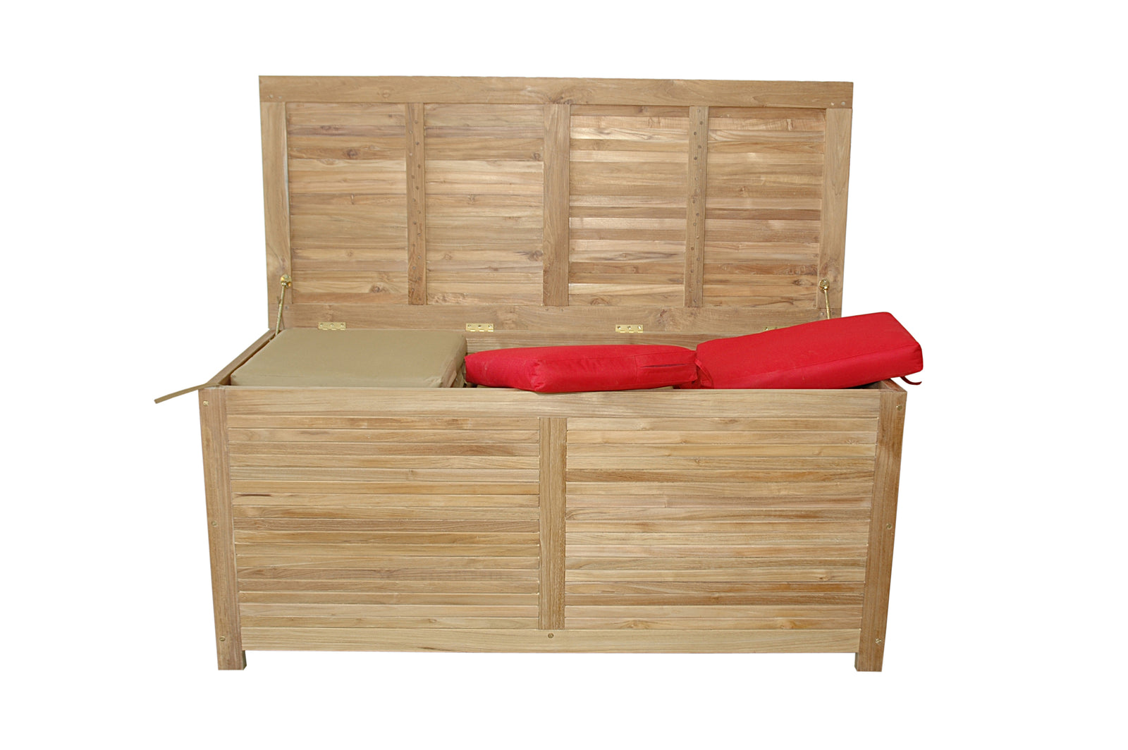 Wooden storage bench with red cushions on a white background