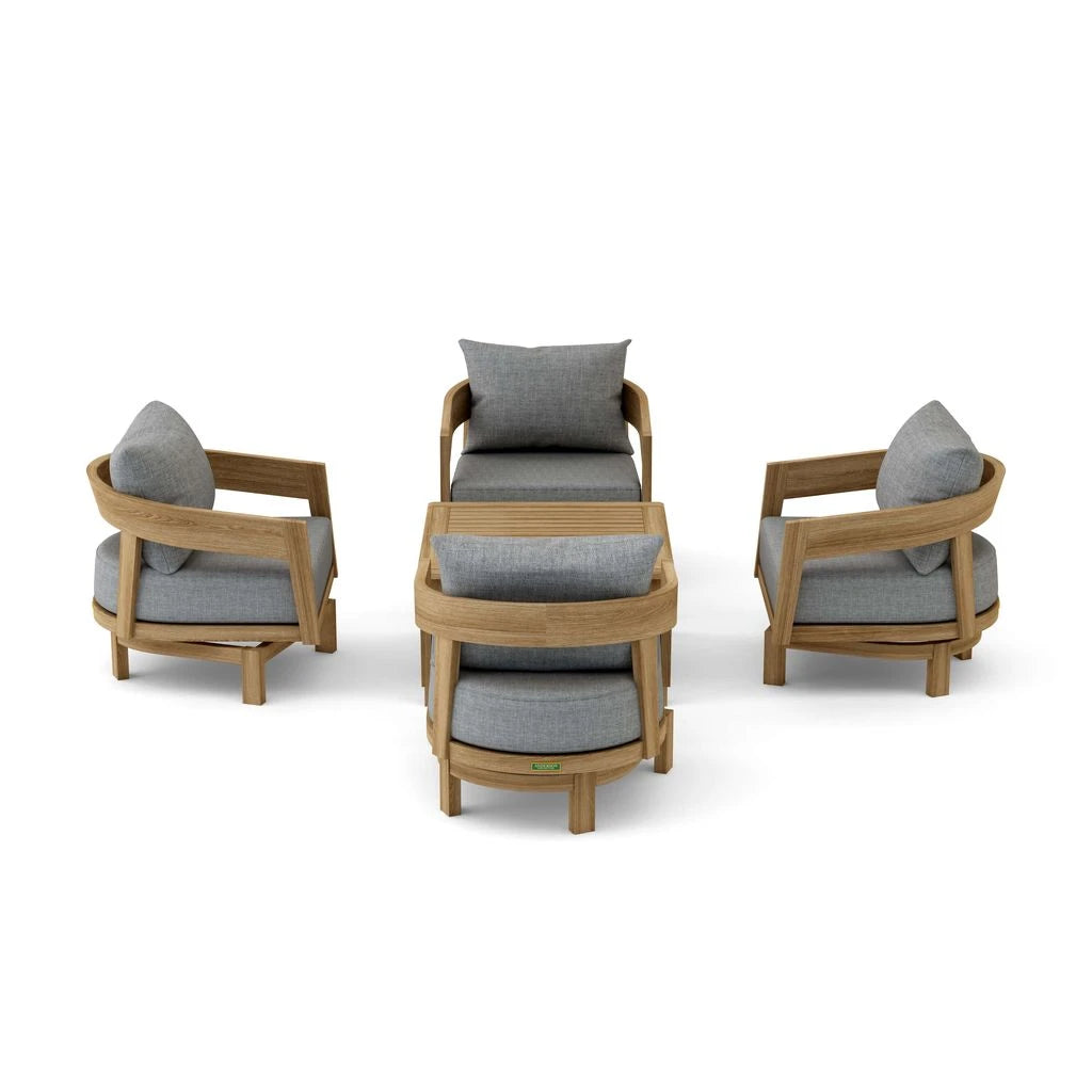 Set of wooden chairs with gray cushions on a white background