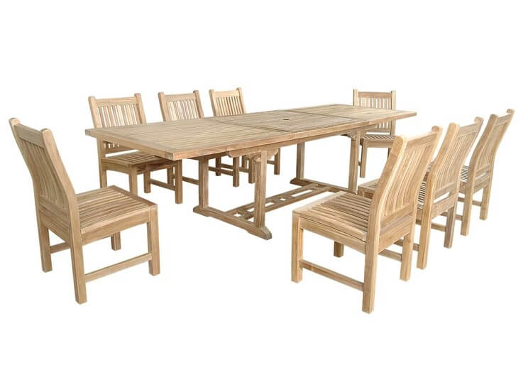 Wooden outdoor dining set with a table and chairs on a white background