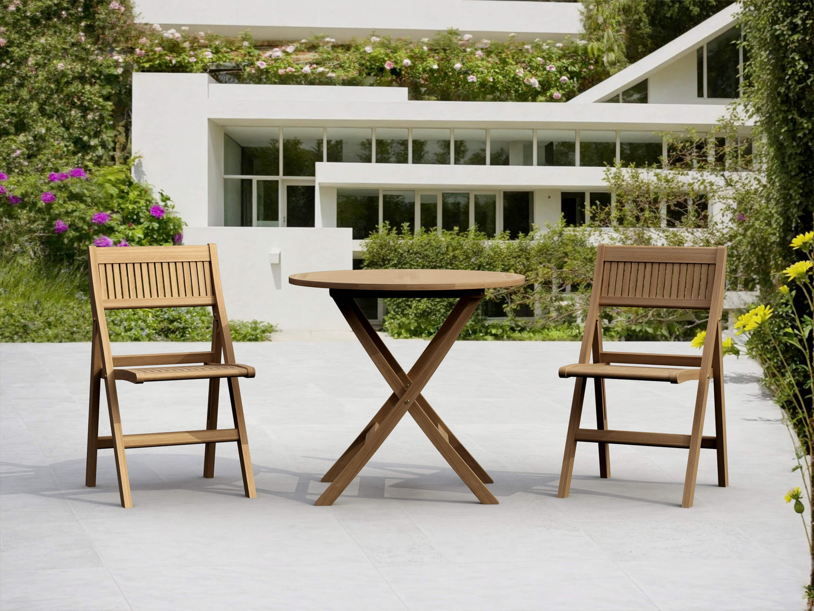 Wooden outdoor table with two chairs in a garden setting