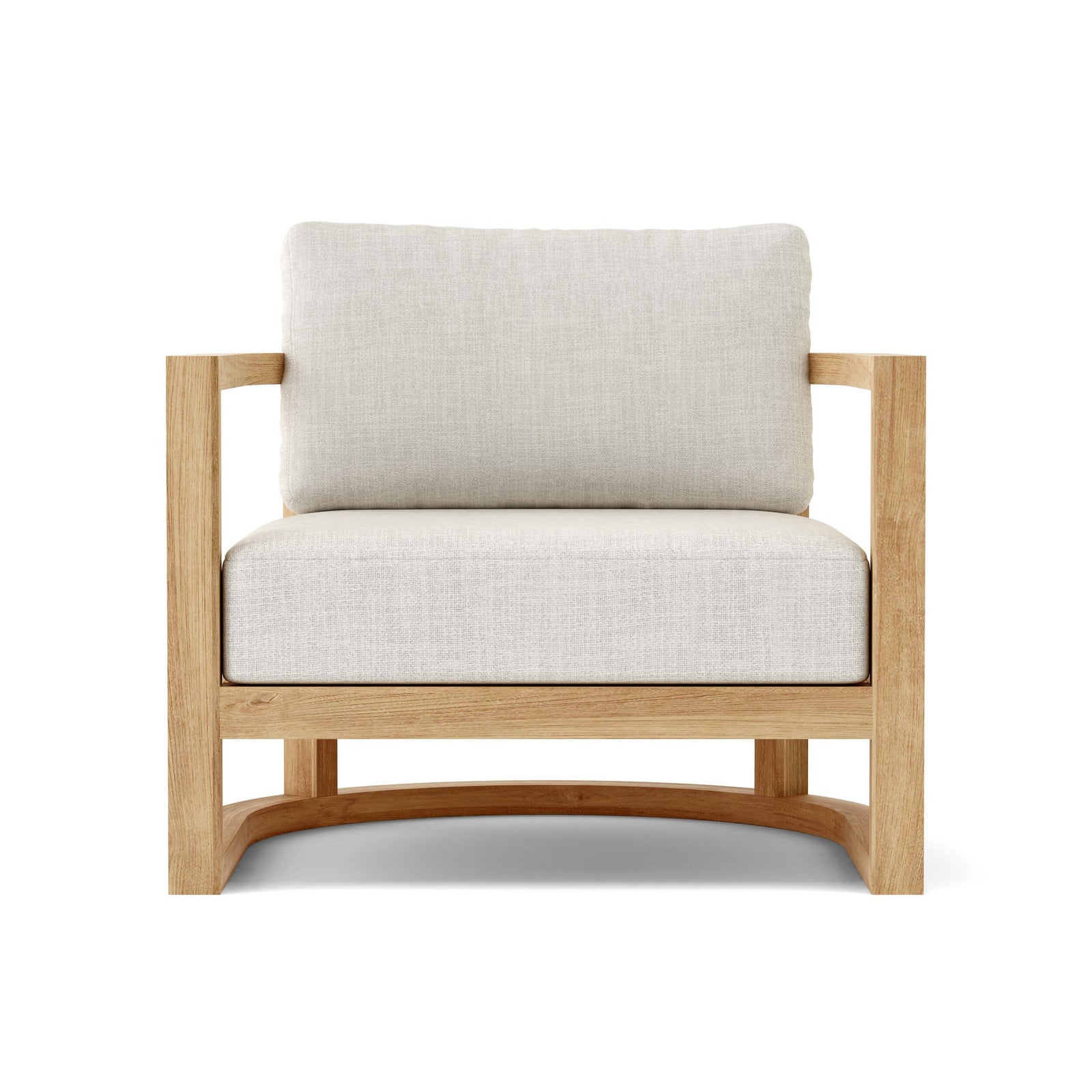 Anderson Teak Junus Lounge Armchair - angled view of teak frame and Sunbrella cushion detail
