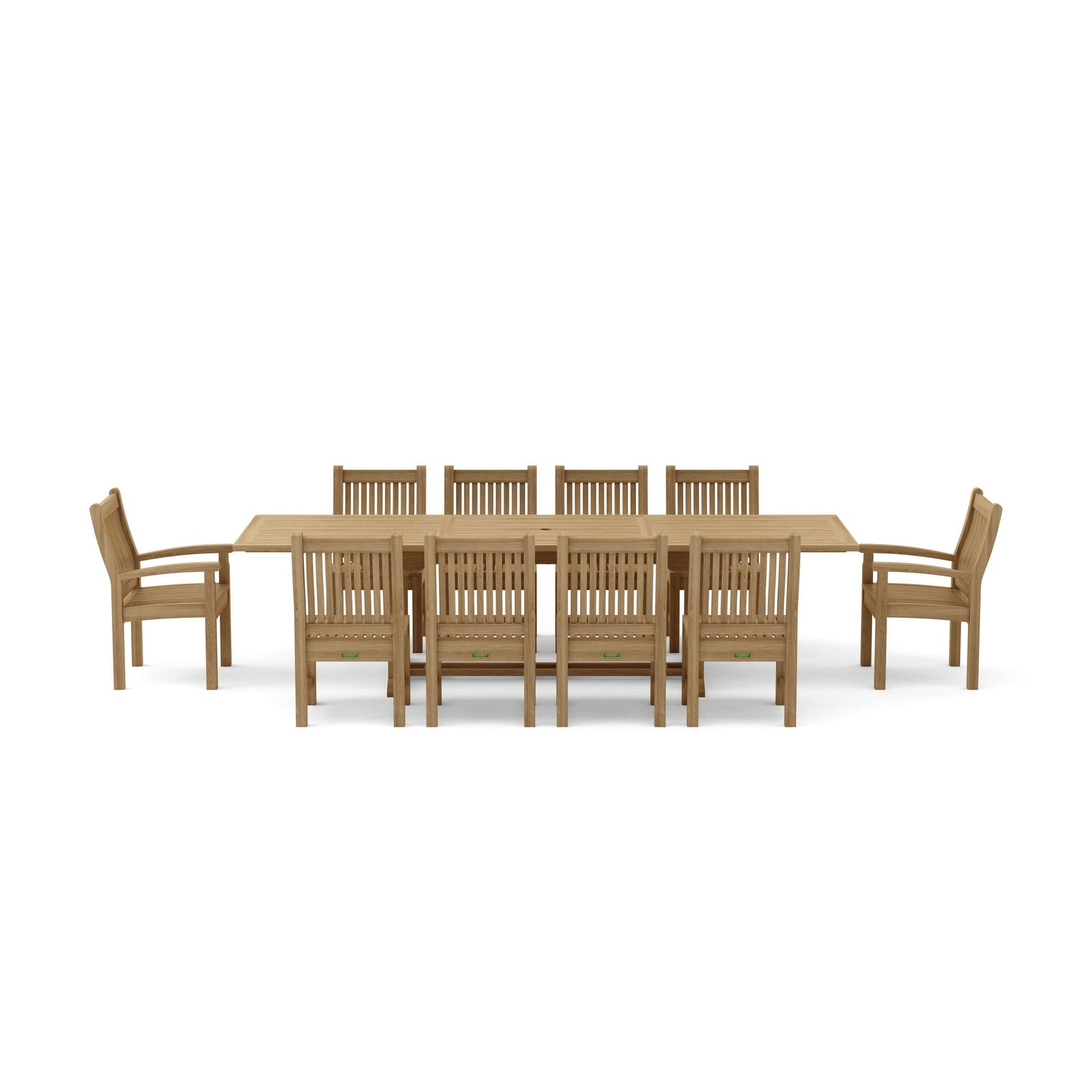 Wooden dining table with eight chairs on a white background