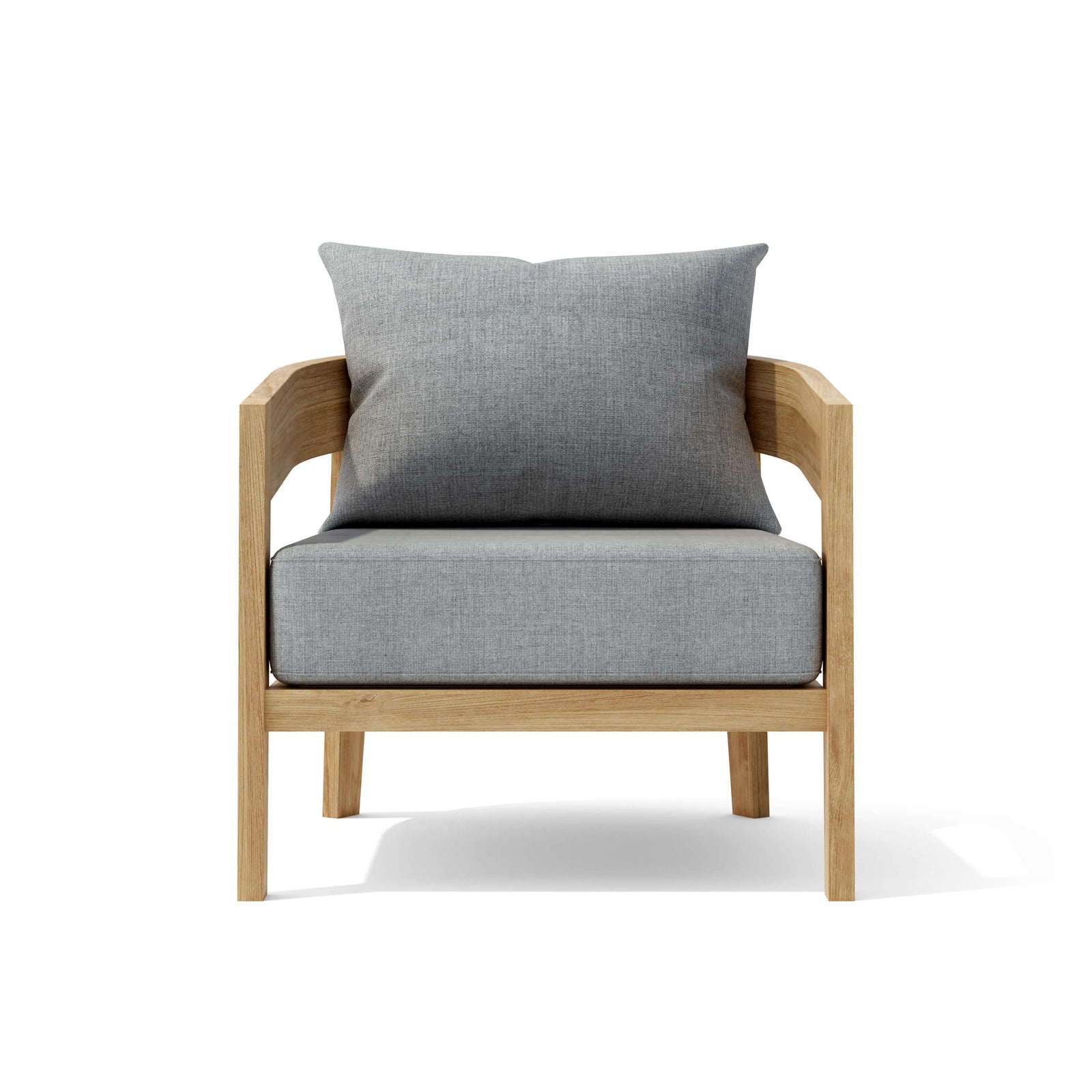 Chair with gray cushion and wooden frame on a white background