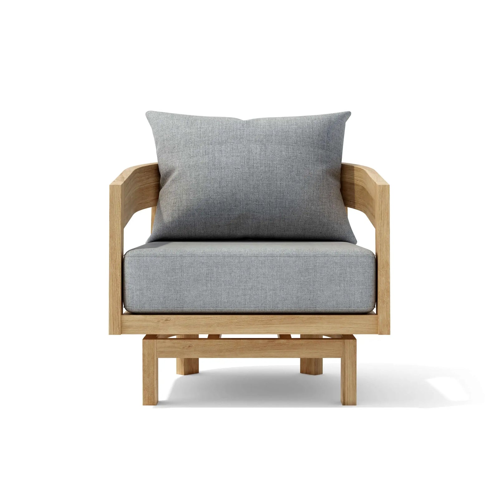 Chair with wooden frame and gray cushions on a white background