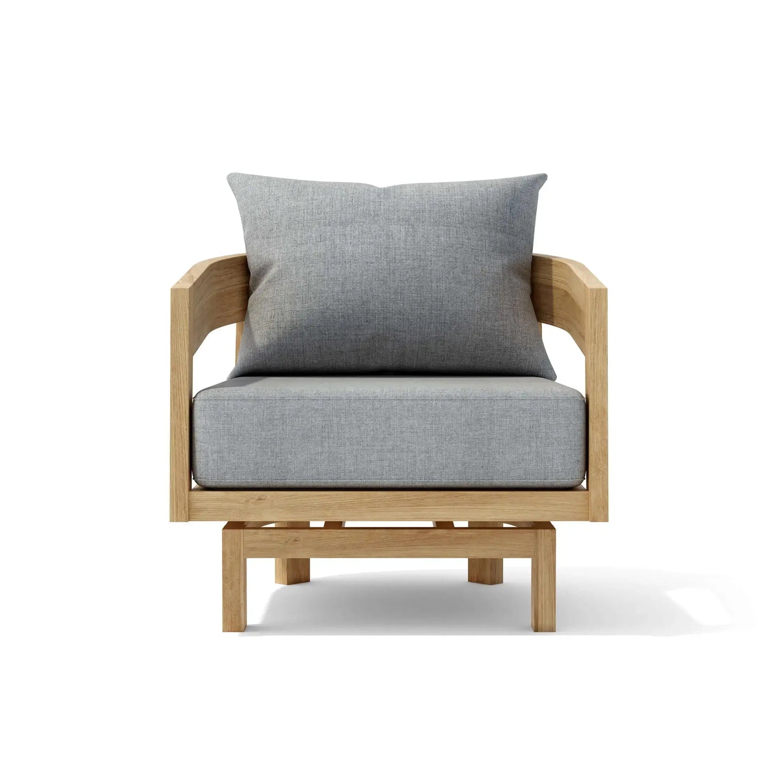Chair with wooden frame and gray cushions on a white background