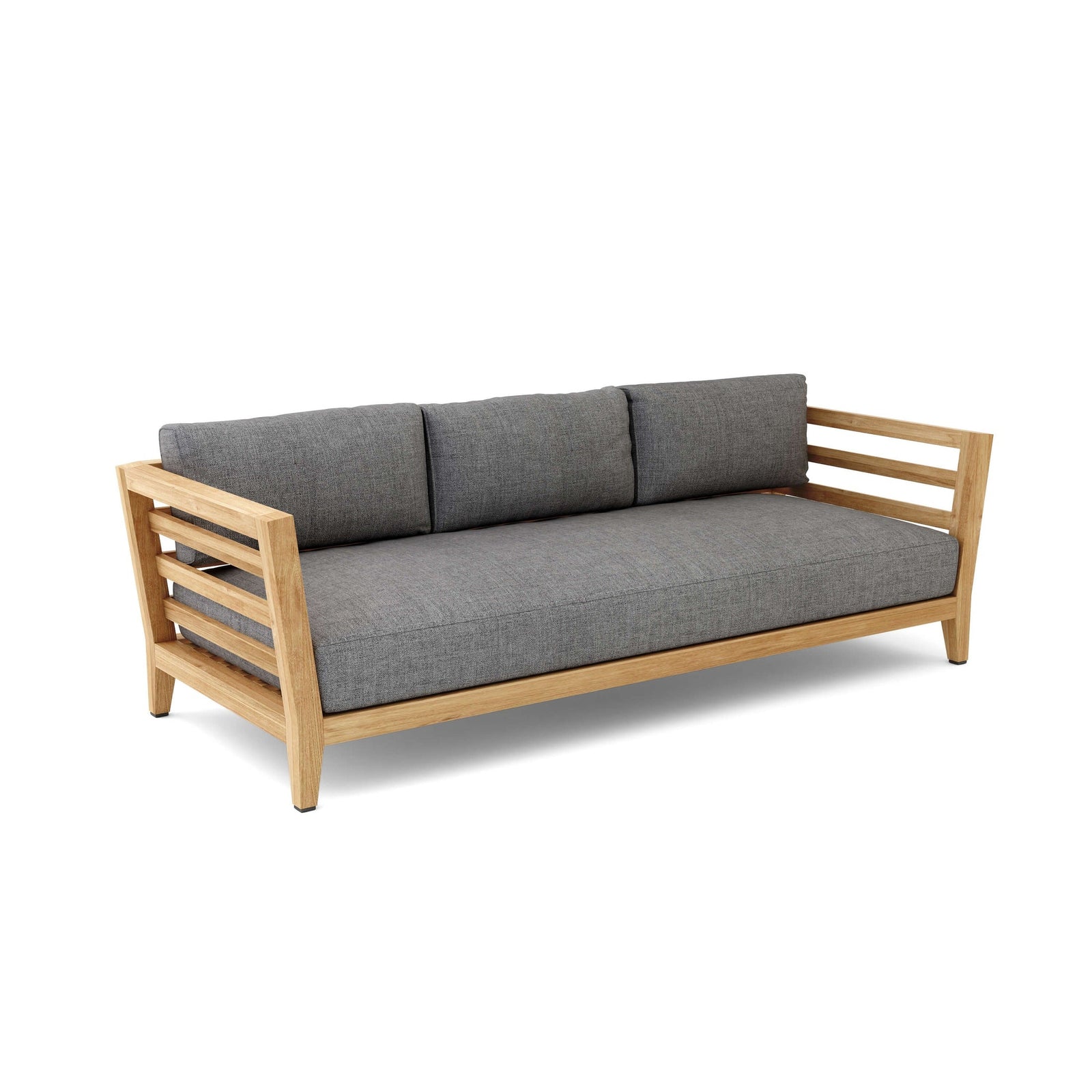 Gray cushioned sofa with wooden frame on a white background