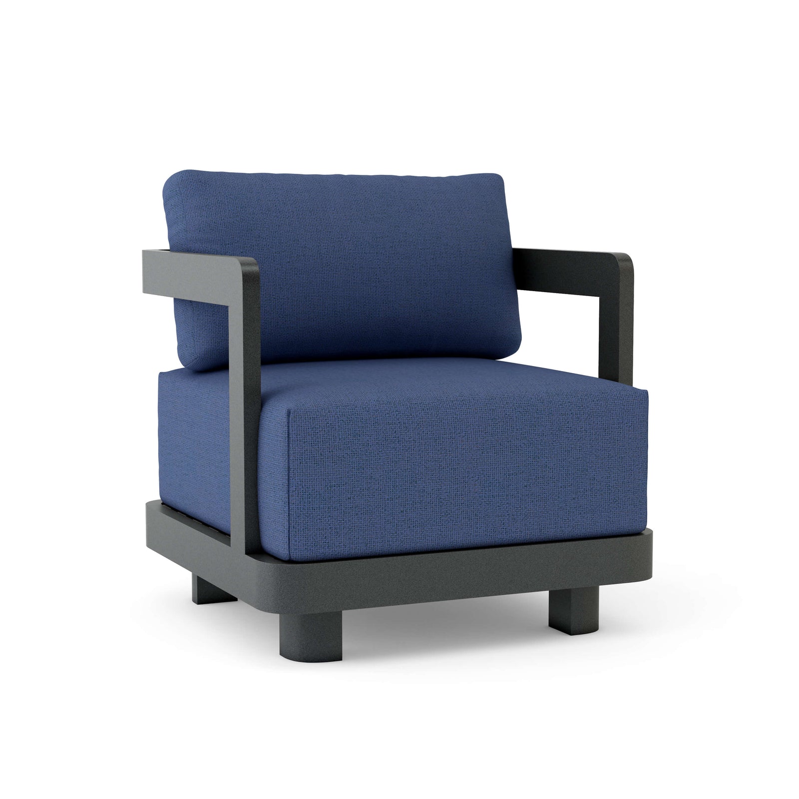 Blue cushioned chair with black frame on a white background