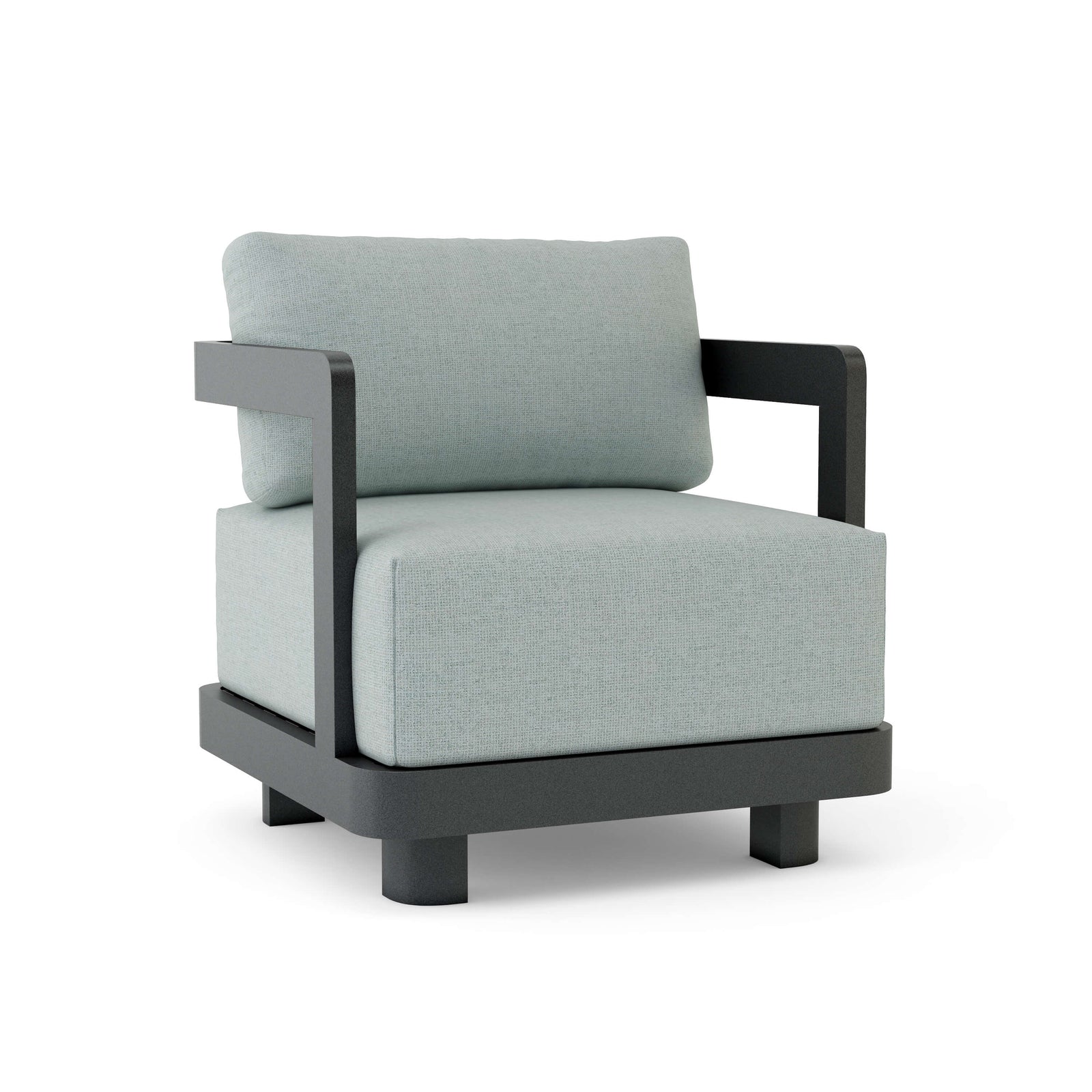 Modern armchair with light gray cushions and black frame on a white background