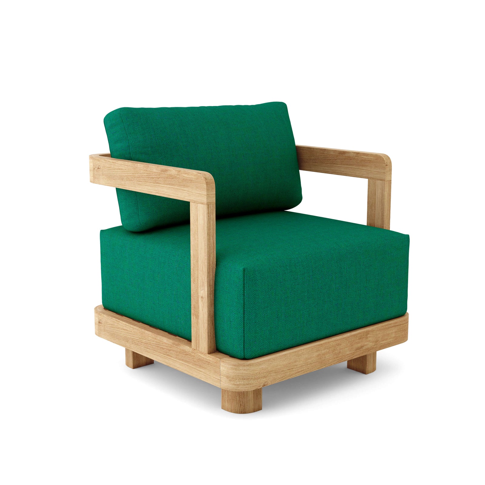 Green cushioned armchair with wooden frame on a white background