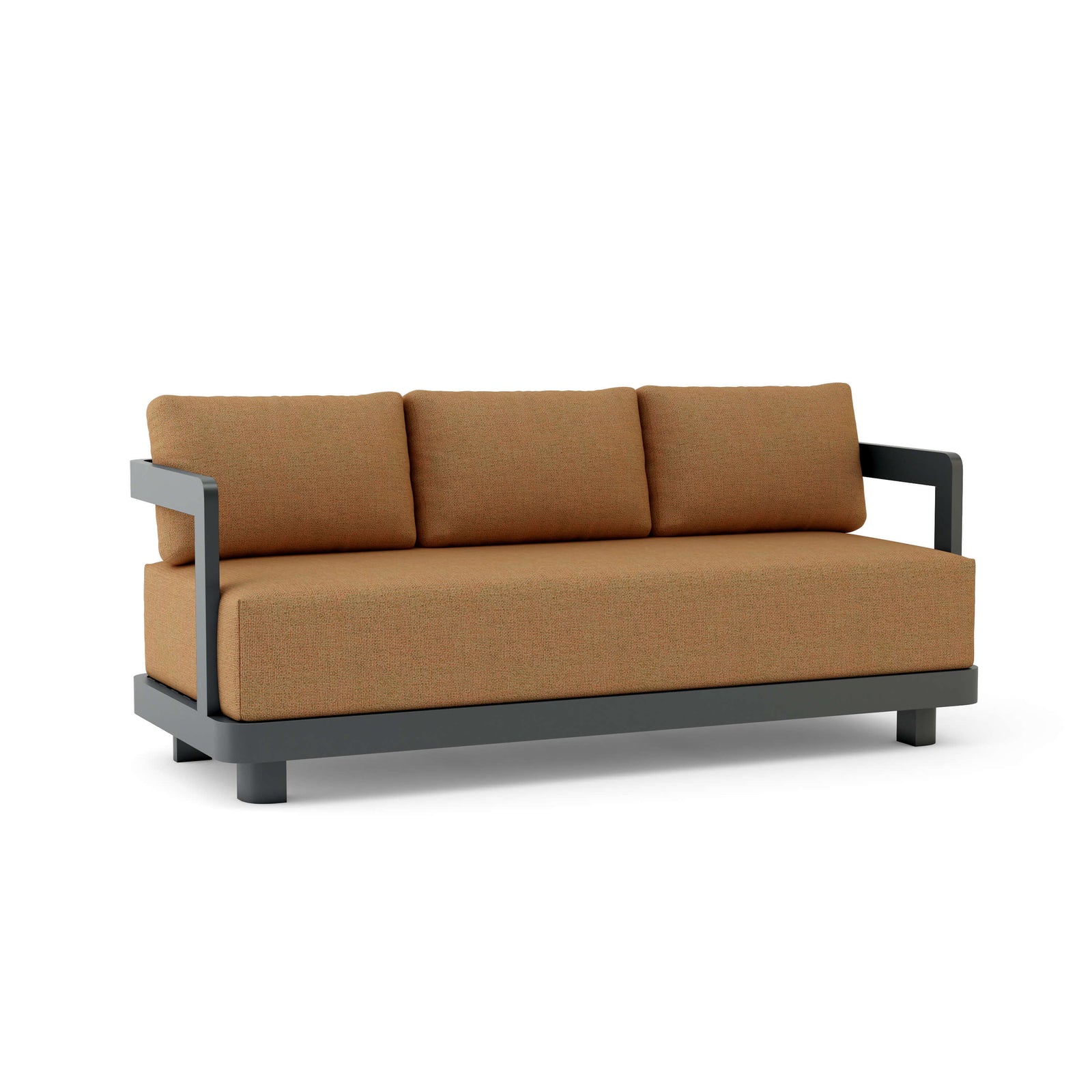 Brown sofa with black metal frame on a white background