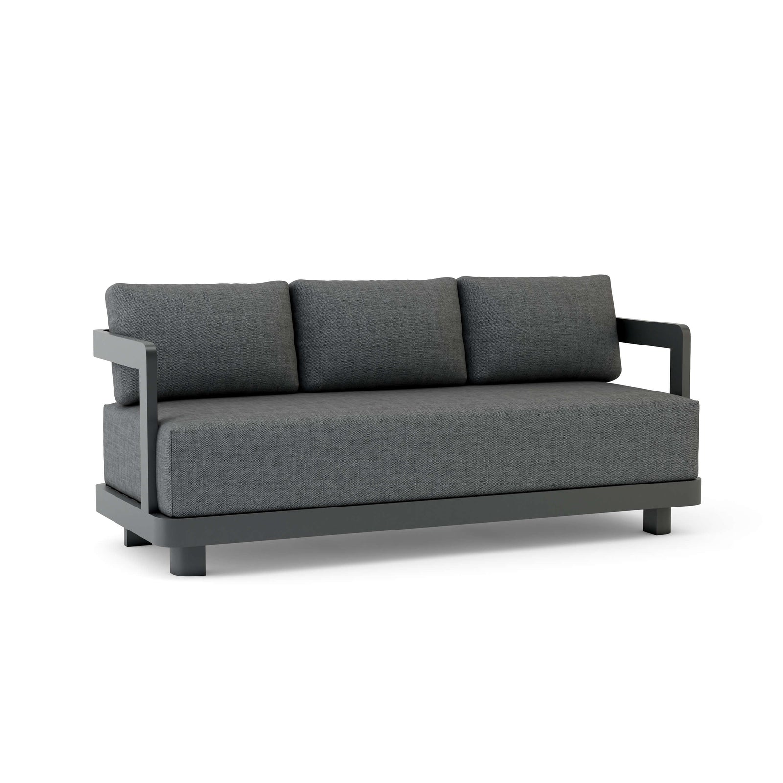 Gray sofa with wooden frame on a white background