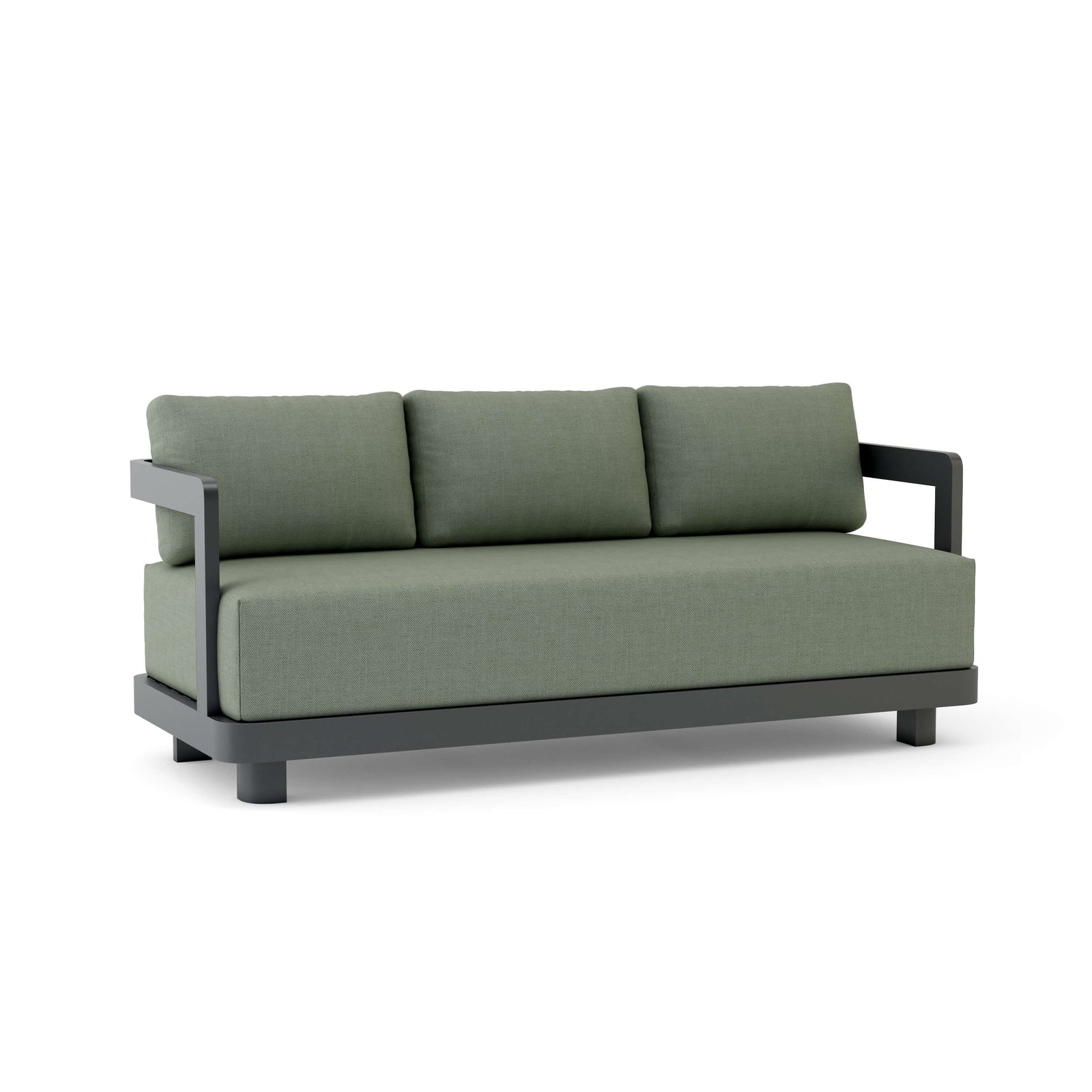 Green sofa with dark gray frame on a white background