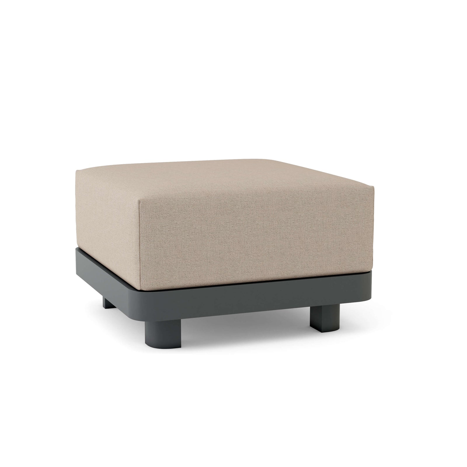Square ottoman with beige cushion and black base on a white background