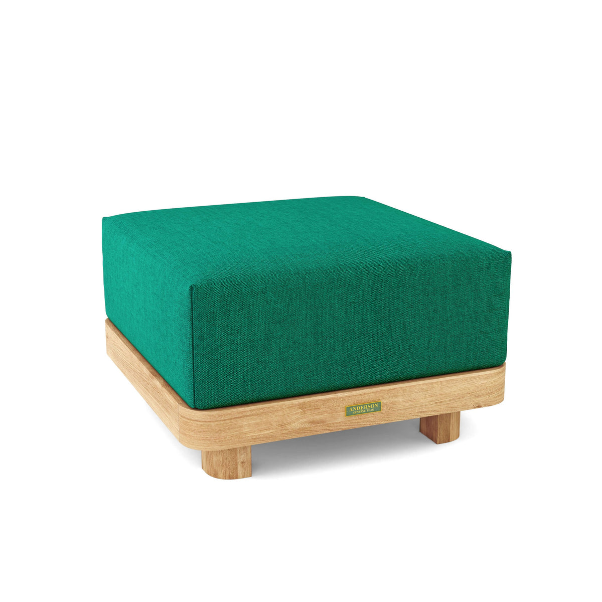 Green cushioned ottoman with wooden base on a white background