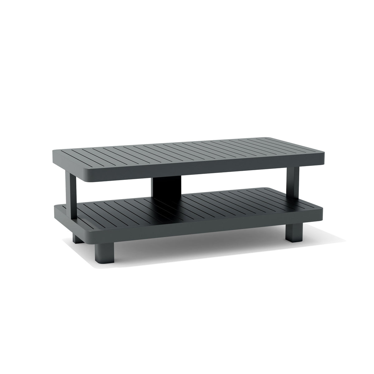 Dark gray coffee table with a shelf on a white background