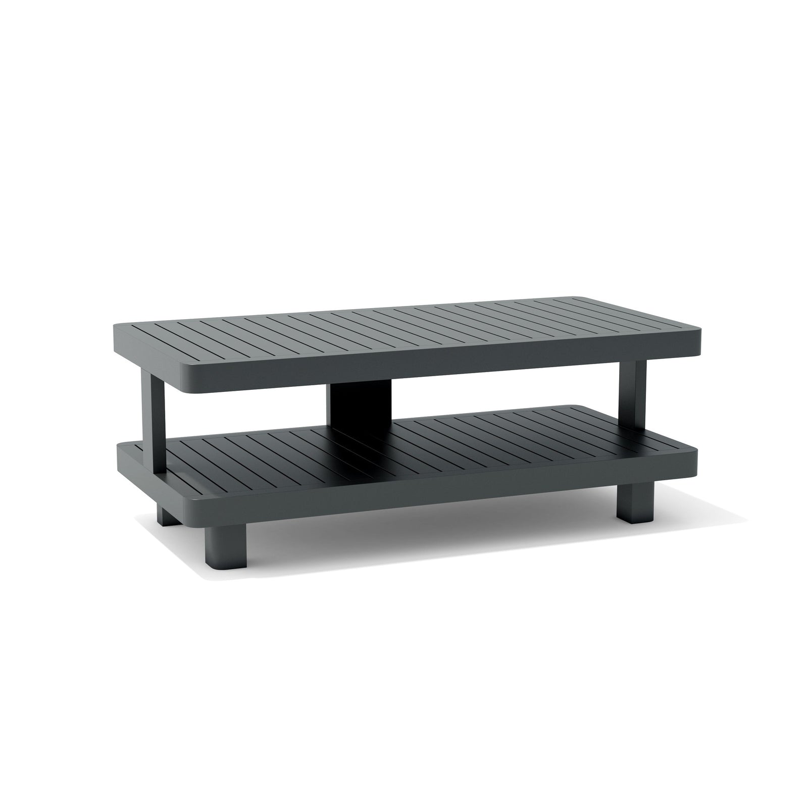 Dark gray coffee table with a shelf on a white background