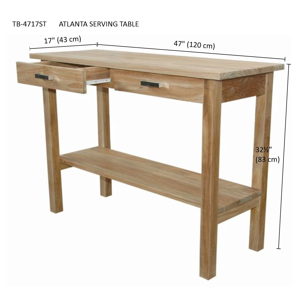 Wooden serving table with dimensions on a white background