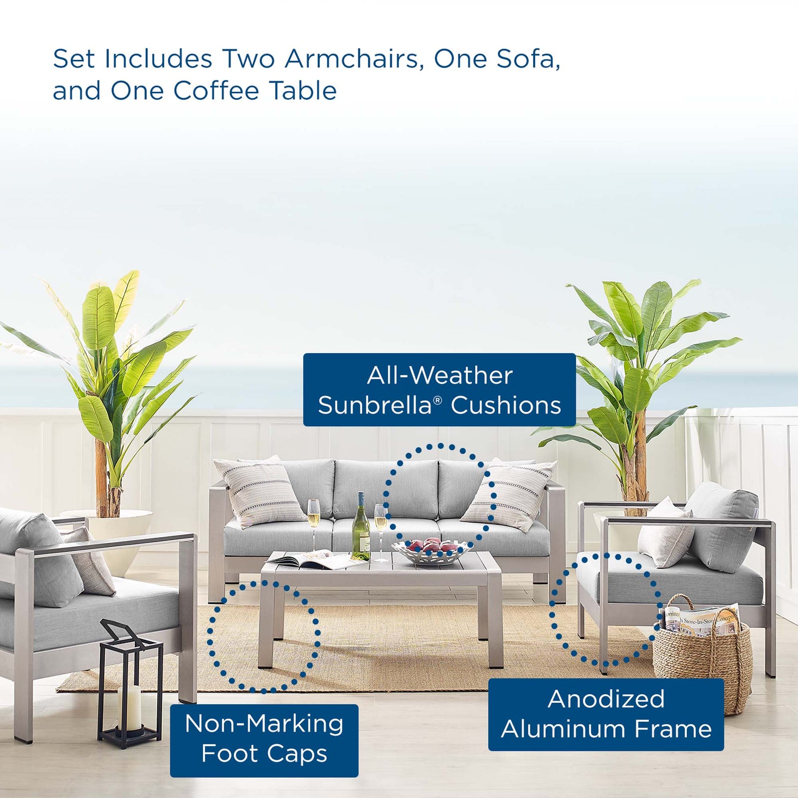Shore 4 Piece Sunbrella® Fabric Outdoor Patio Aluminum Set by Modway